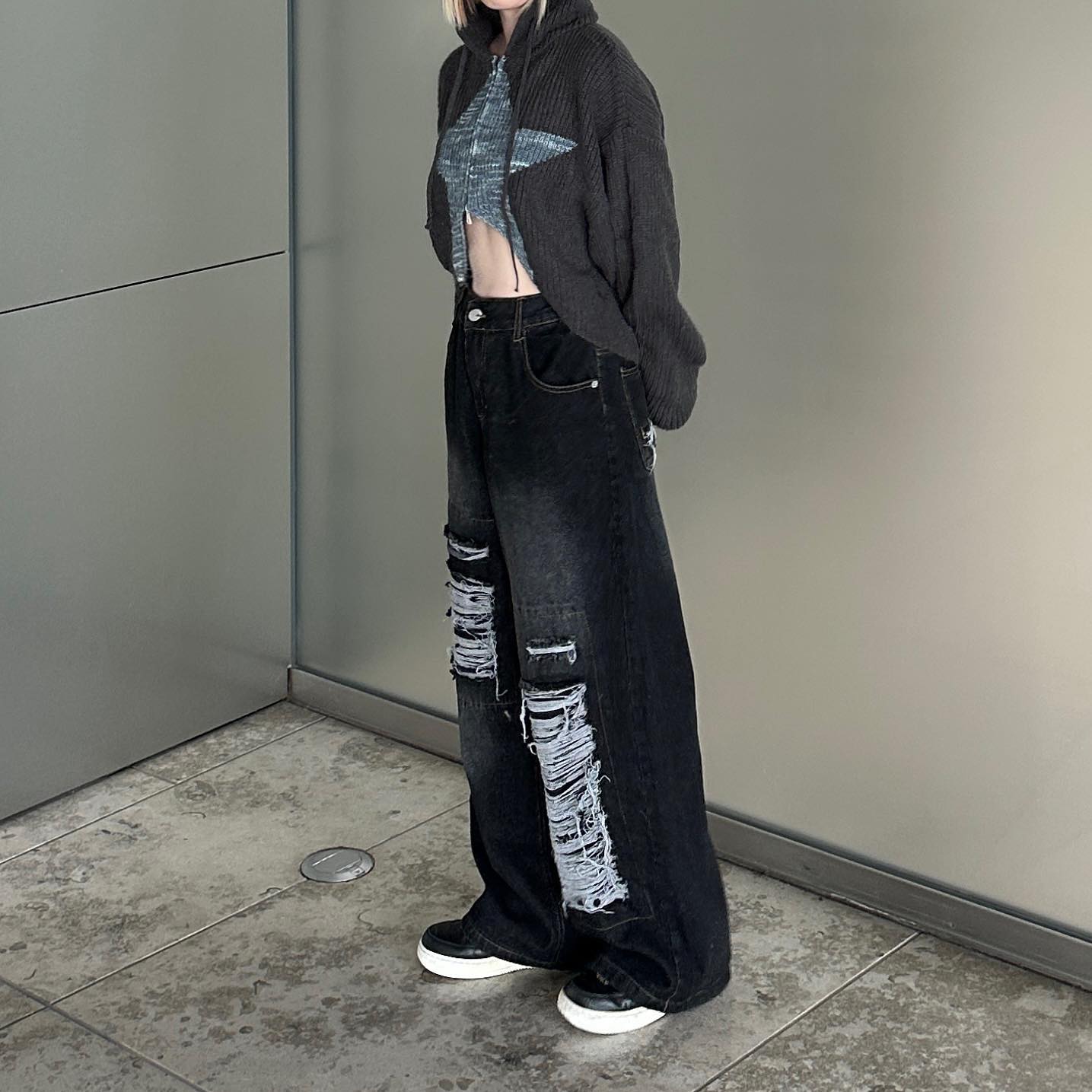 ダメージバギーデニムパンツ KSG17601