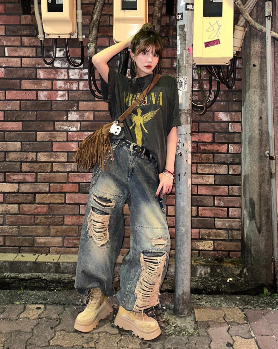 ダメージバギーデニムパンツ KSG19204