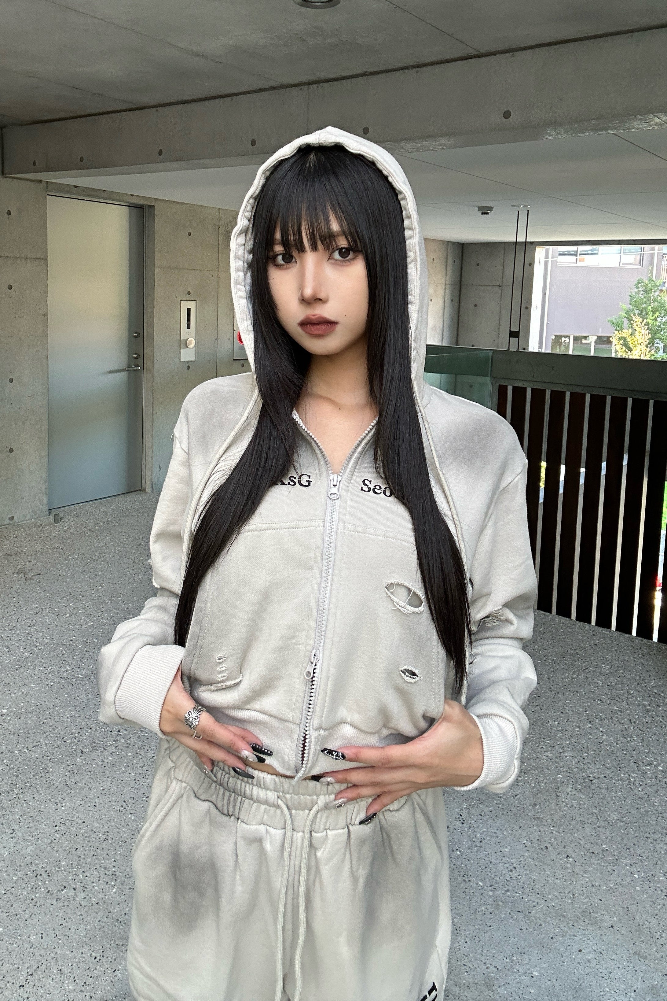 クロップドダブルジップダメージセットアップ KSG30046