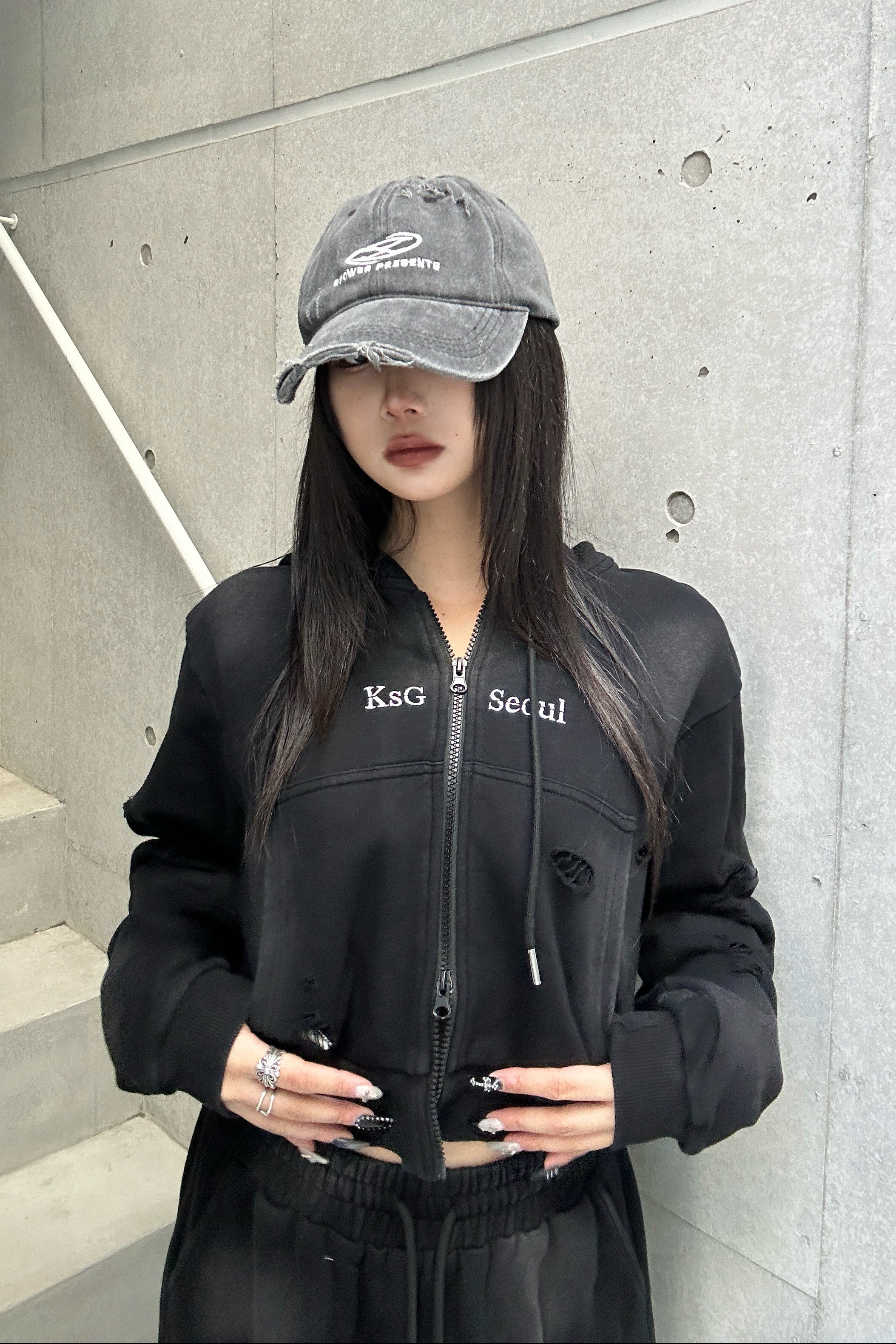 クロップドダブルジップダメージセットアップ KSG30046