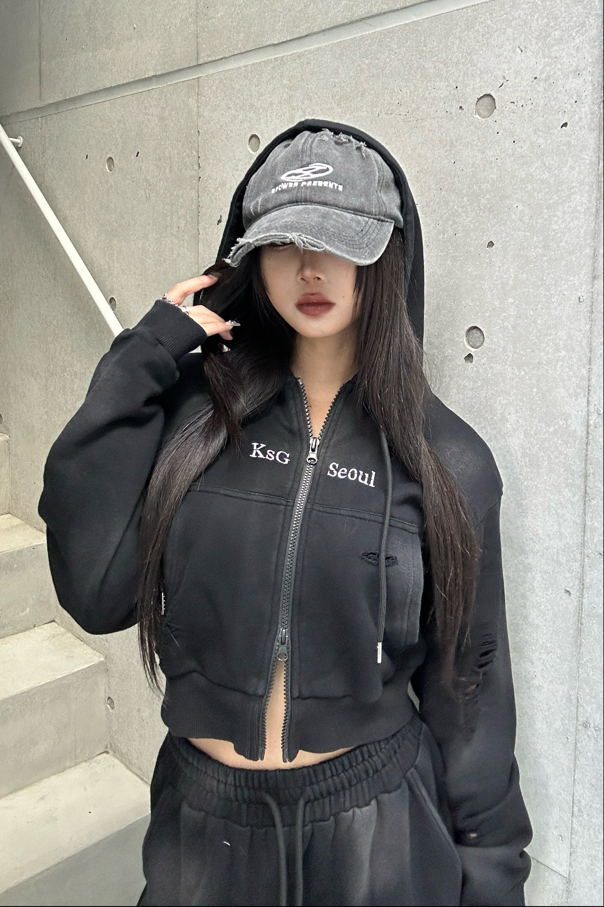 クロップドダブルジップダメージセットアップ KSG30046