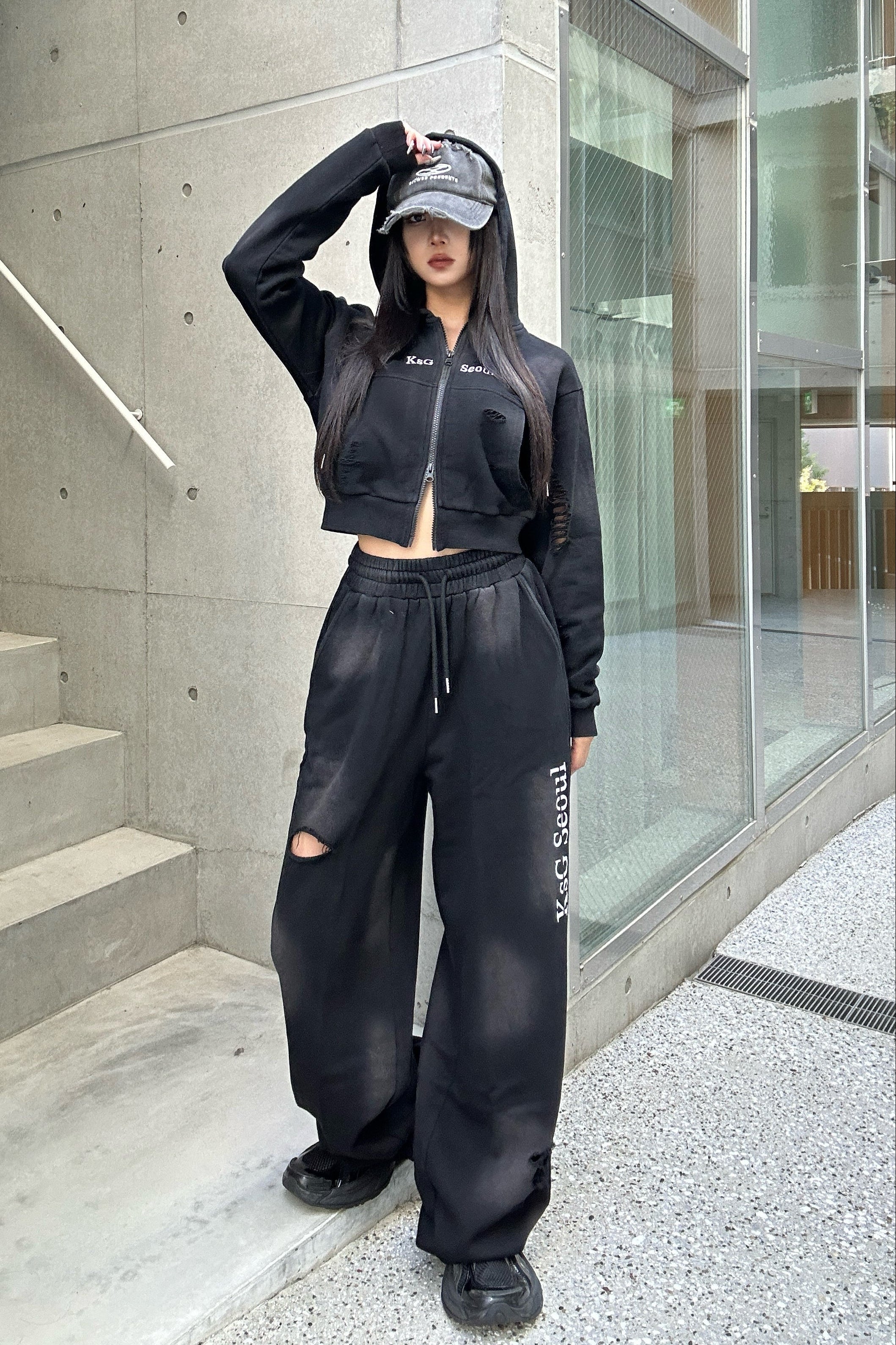 クロップドダブルジップダメージセットアップ KSG30046