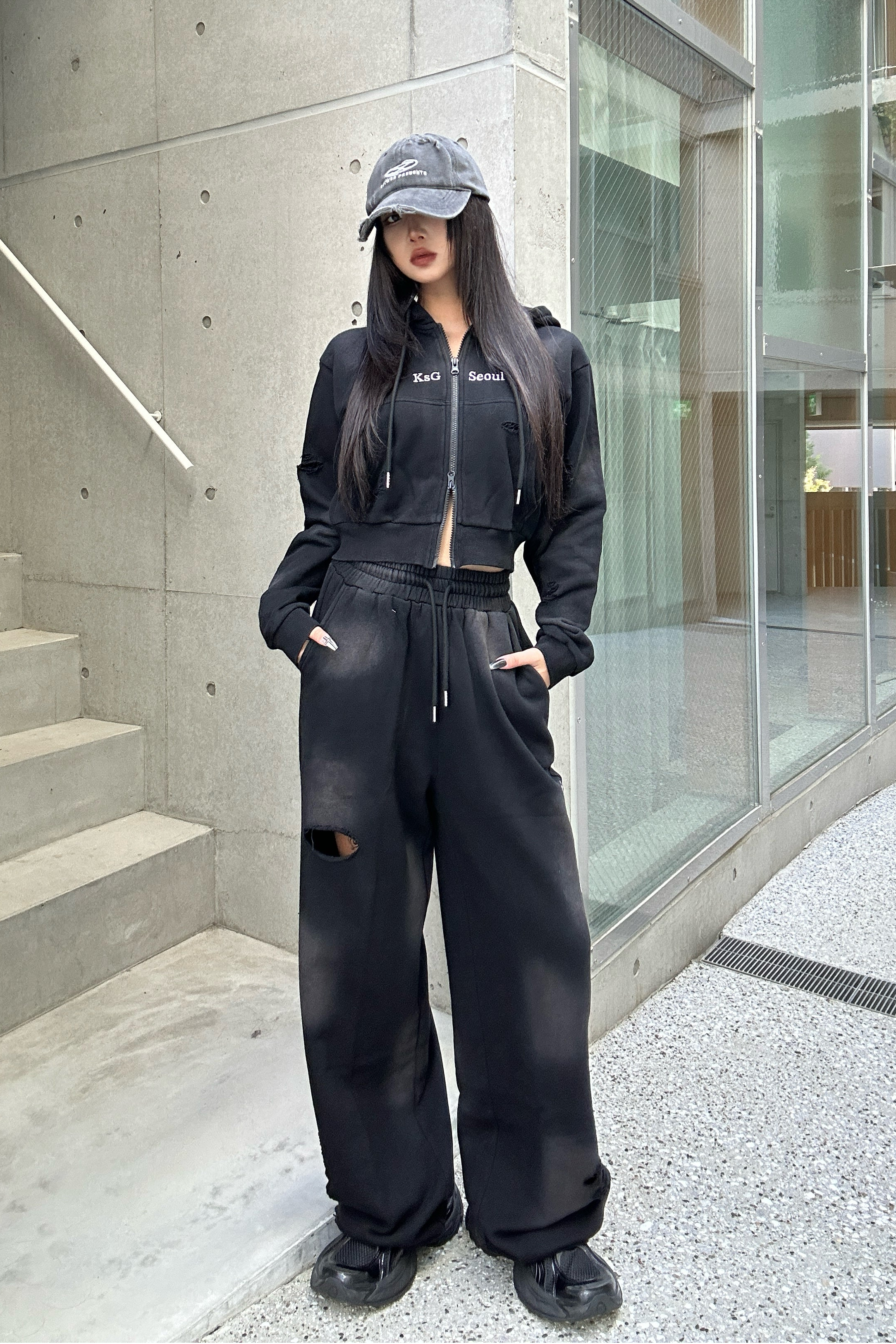 クロップドダブルジップダメージセットアップ KSG30046