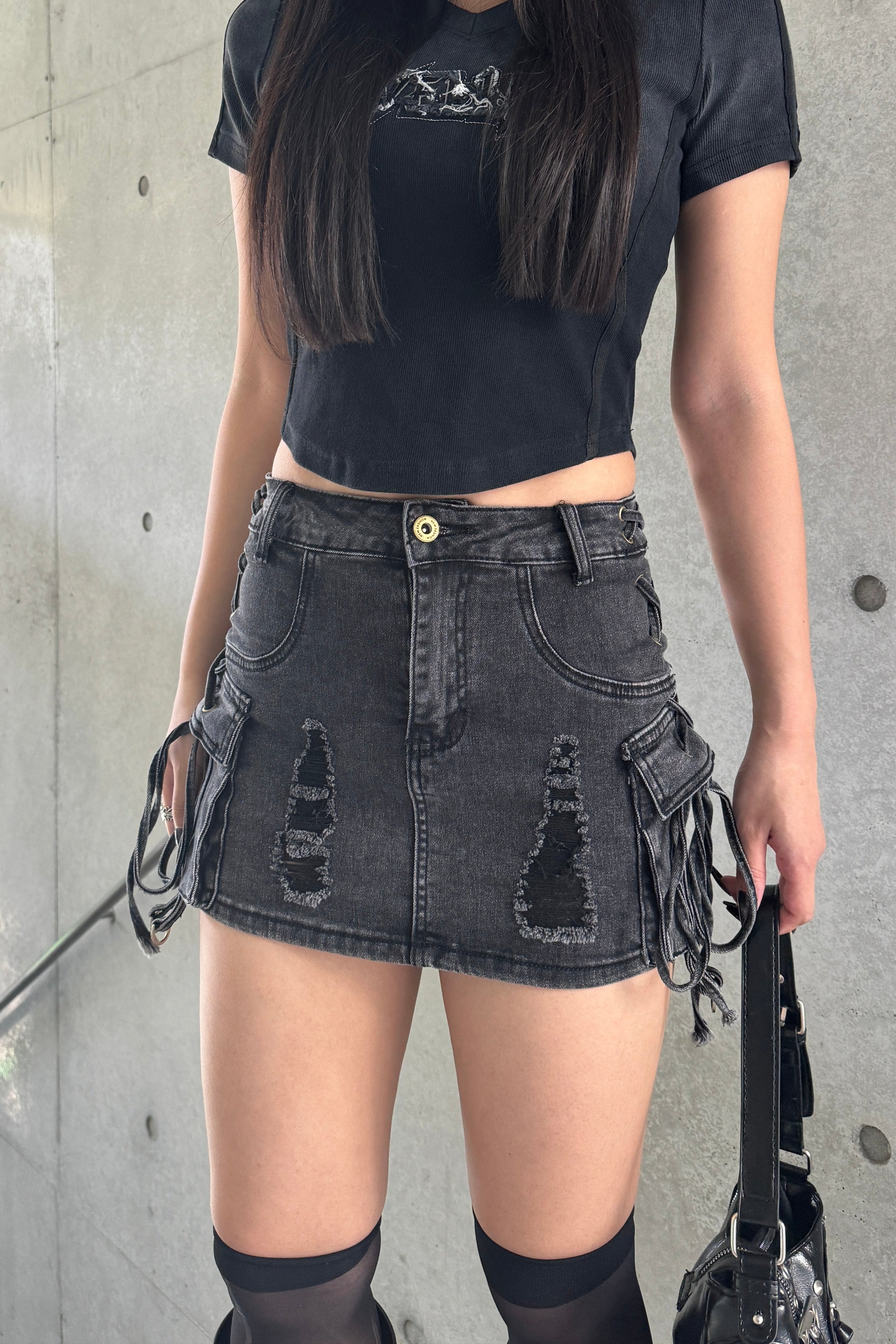 string cargo denim skirt KSG20808