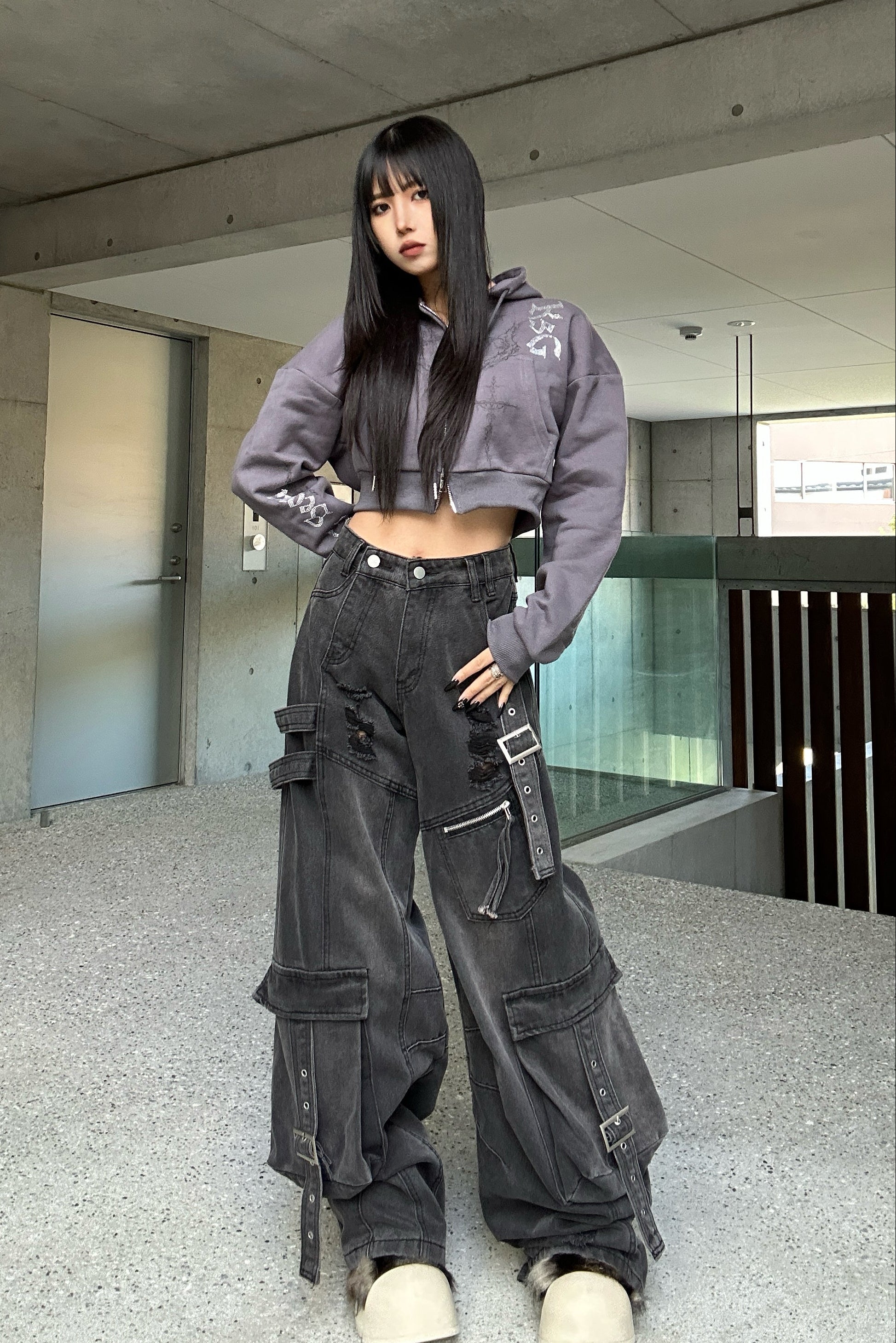 クロップドビジュープリントパーカー KSG20934