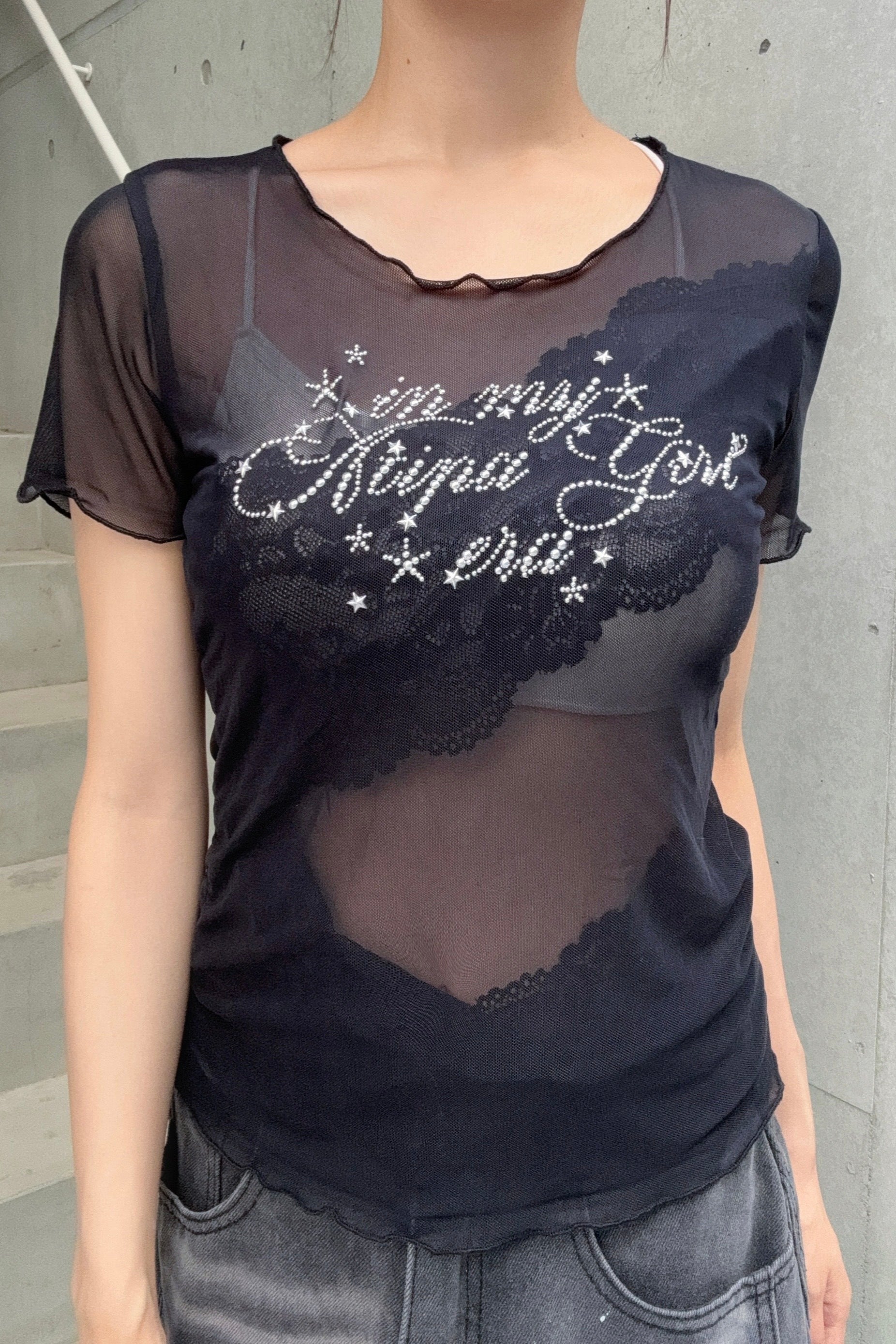 Lace Shirring Apron CRANK 韓国 美品 rhinestone lace sheer top KSG20911