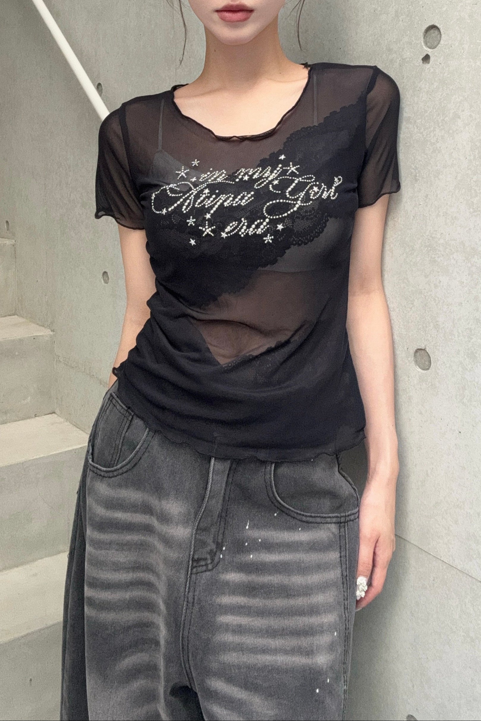 rhinestone lace sheer top KSG20911