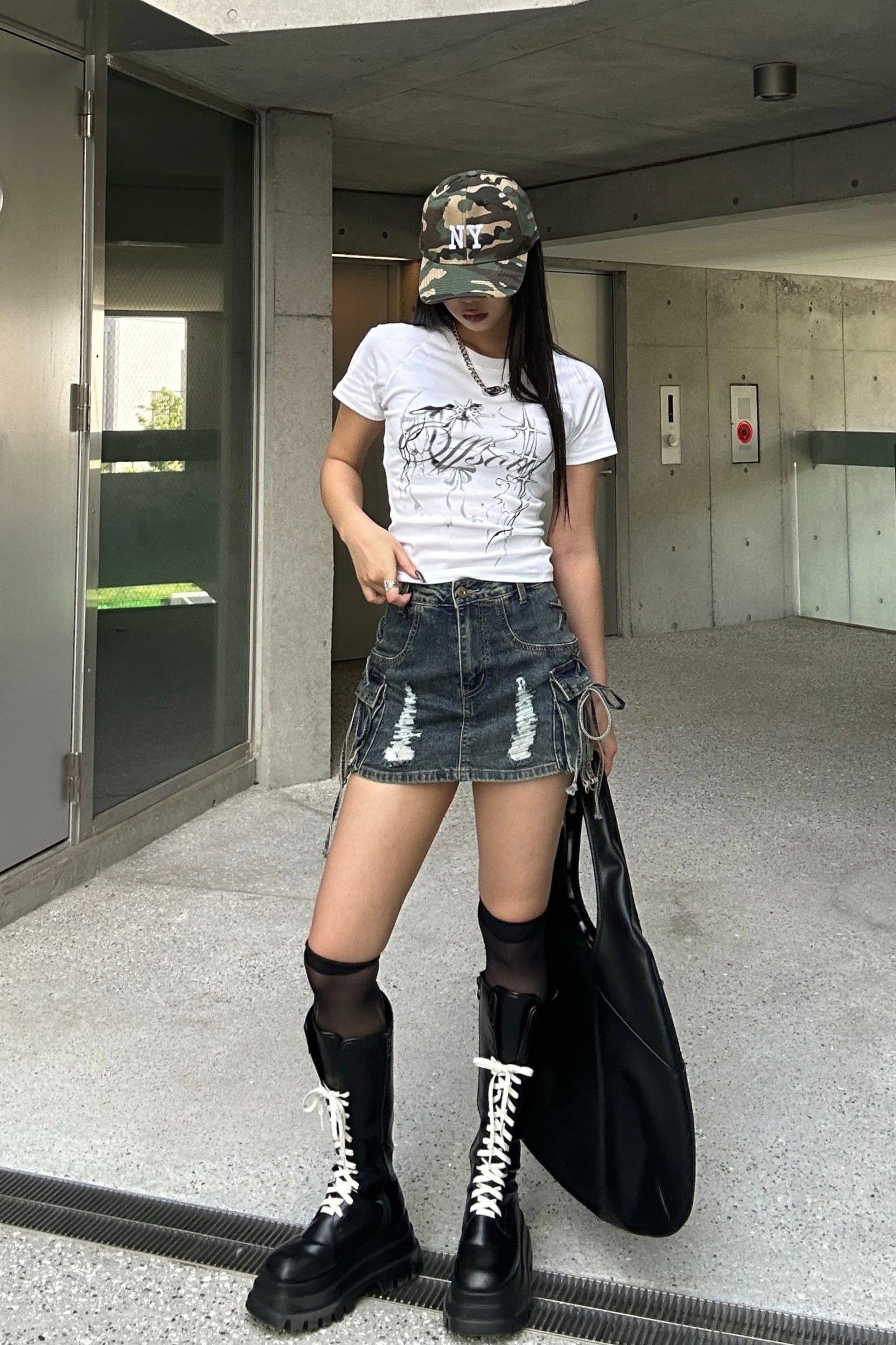 string cargo denim skirt KSG20808