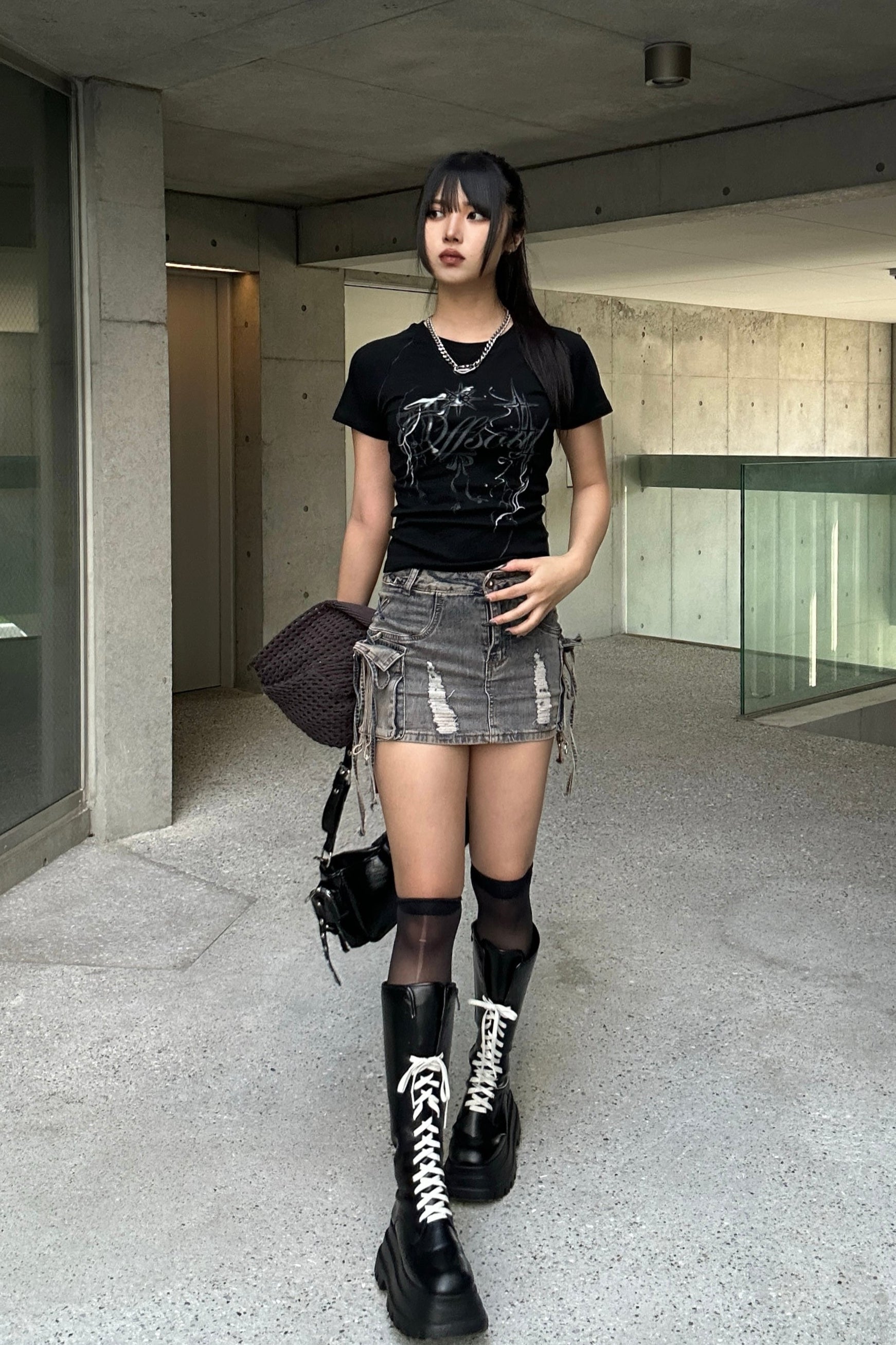 string cargo denim skirt KSG20808