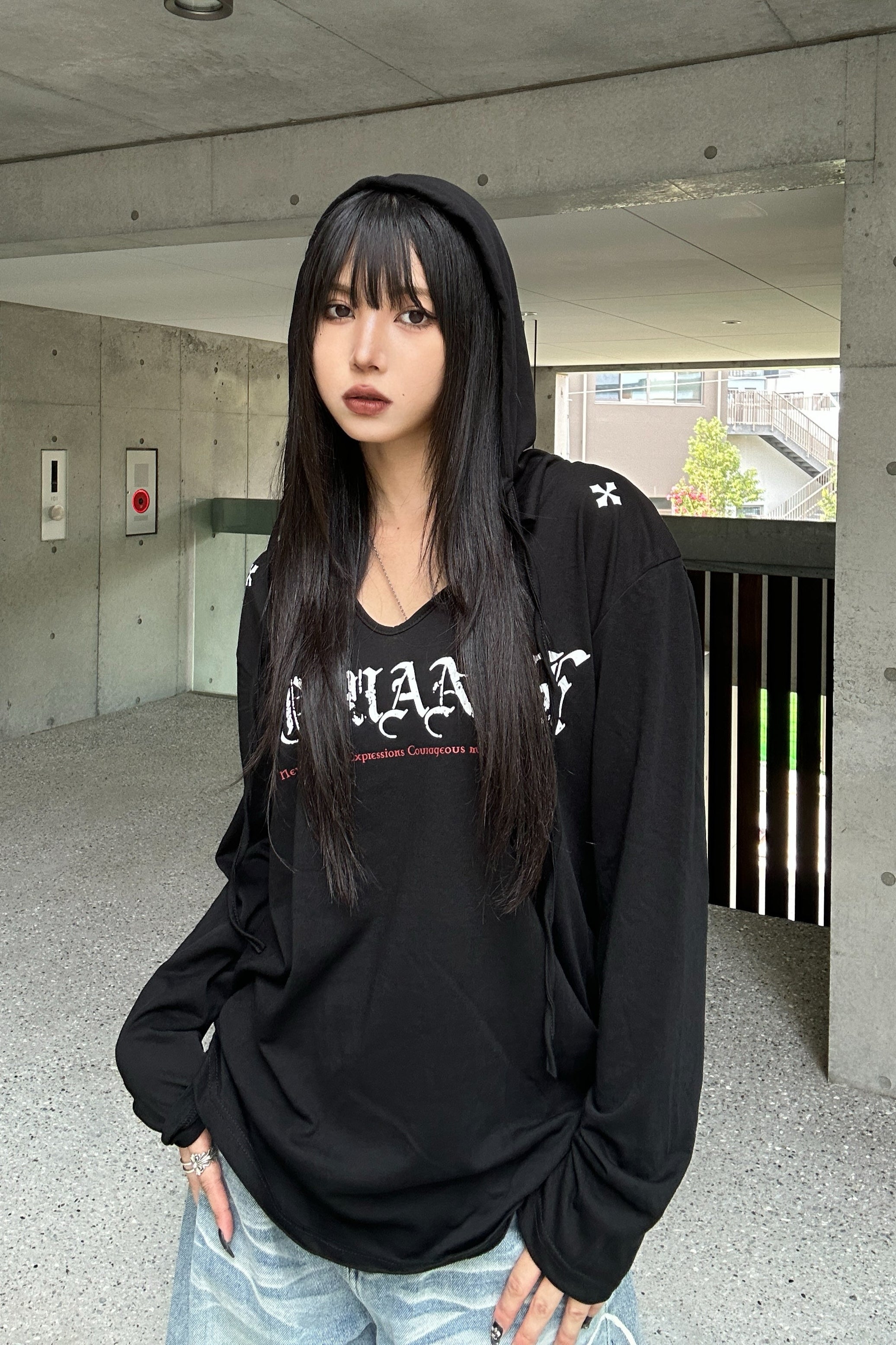 Shoulder Cross Hoodie Top KSG21035