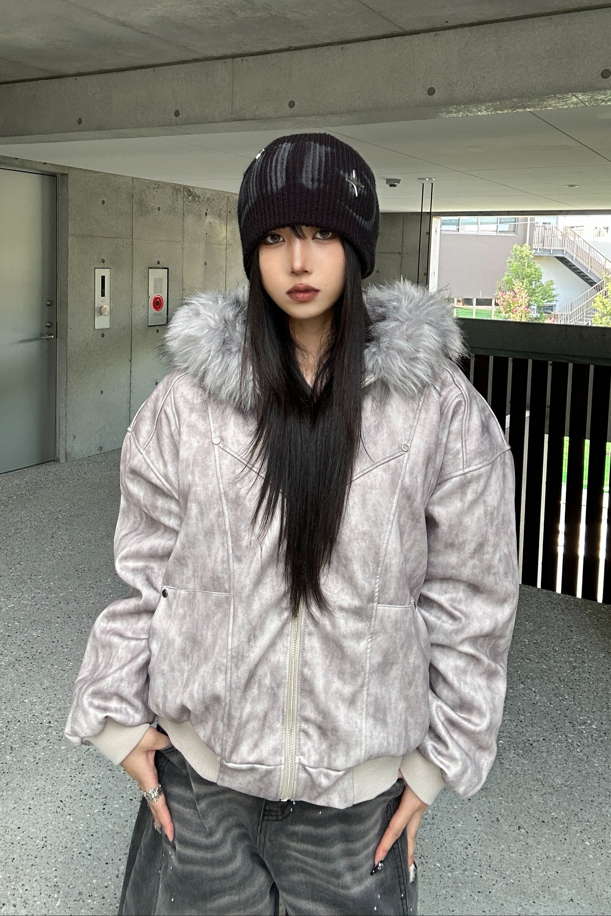 Wash Gray Fur Down Jacket KSG30051