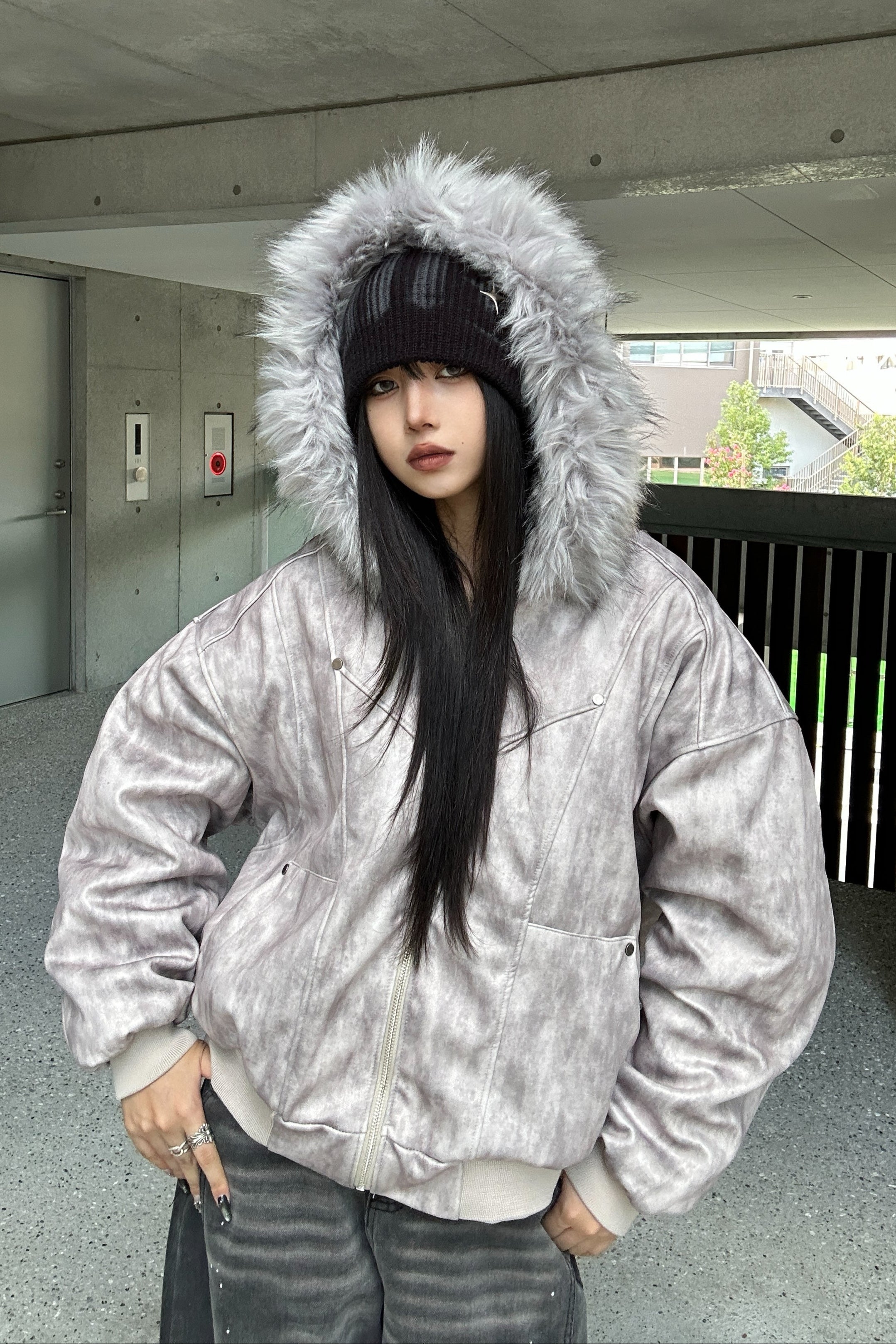 Wash Gray Fur Down Jacket KSG30051