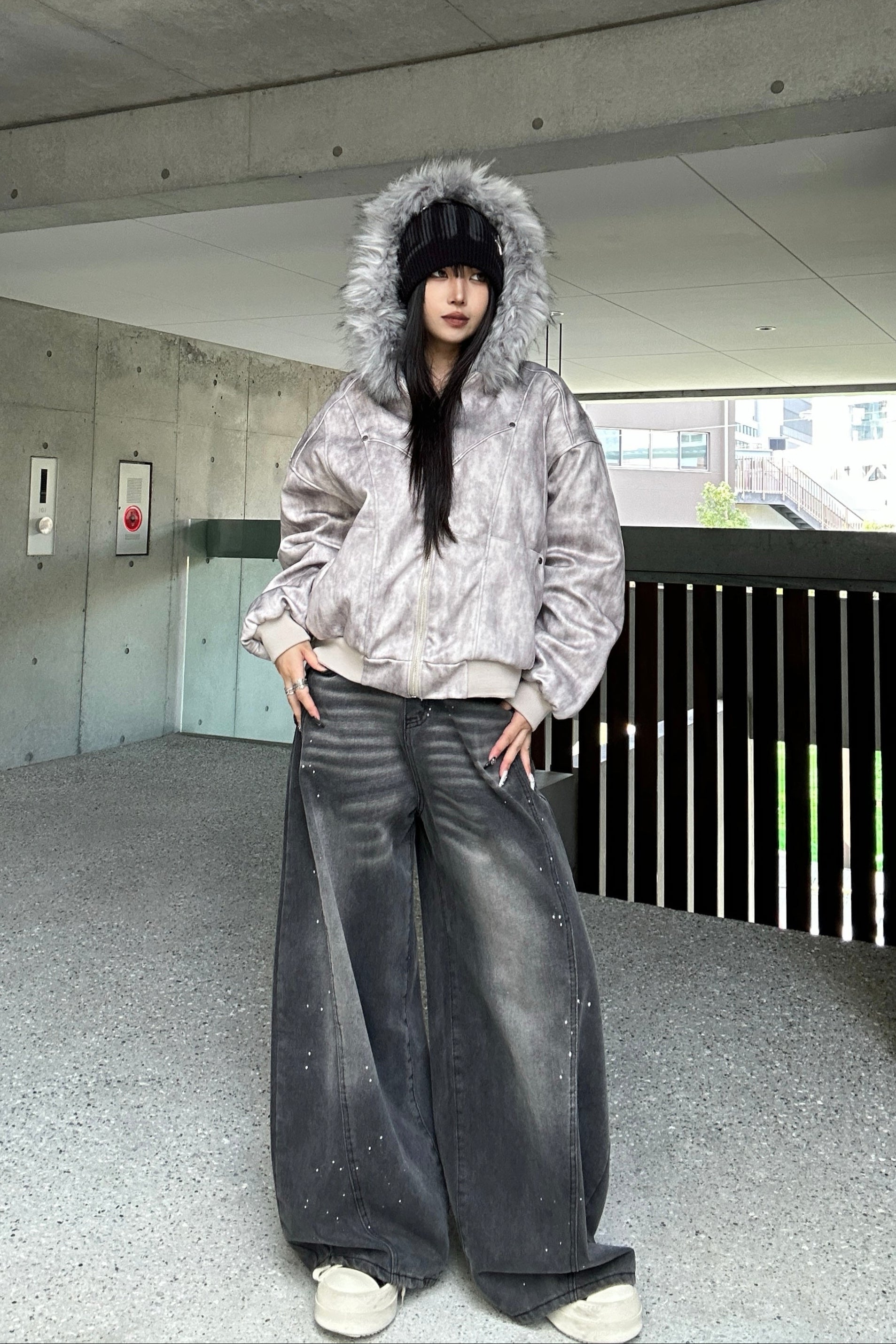 Wash Gray Fur Down Jacket KSG30051