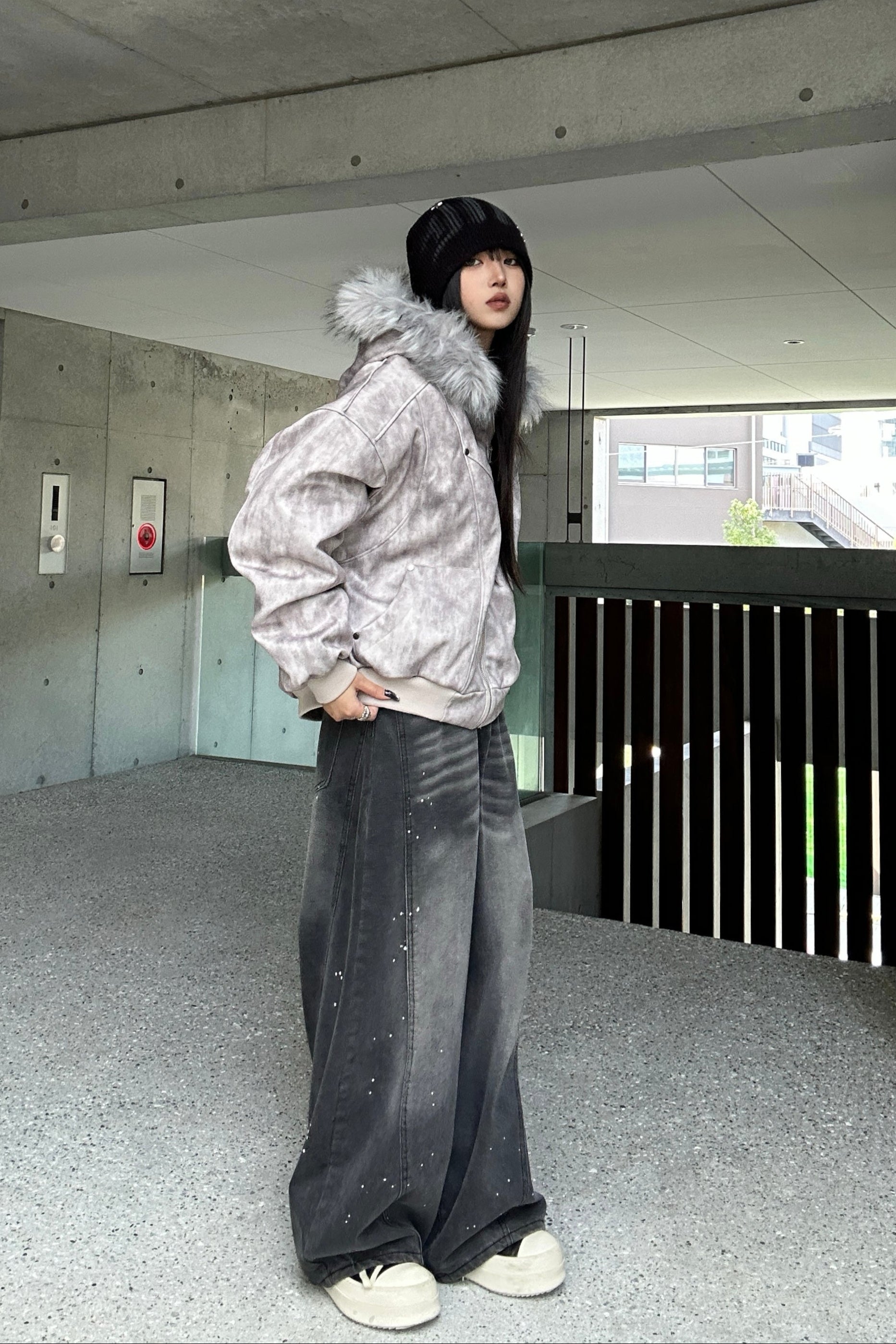 Wash Gray Fur Down Jacket KSG30051