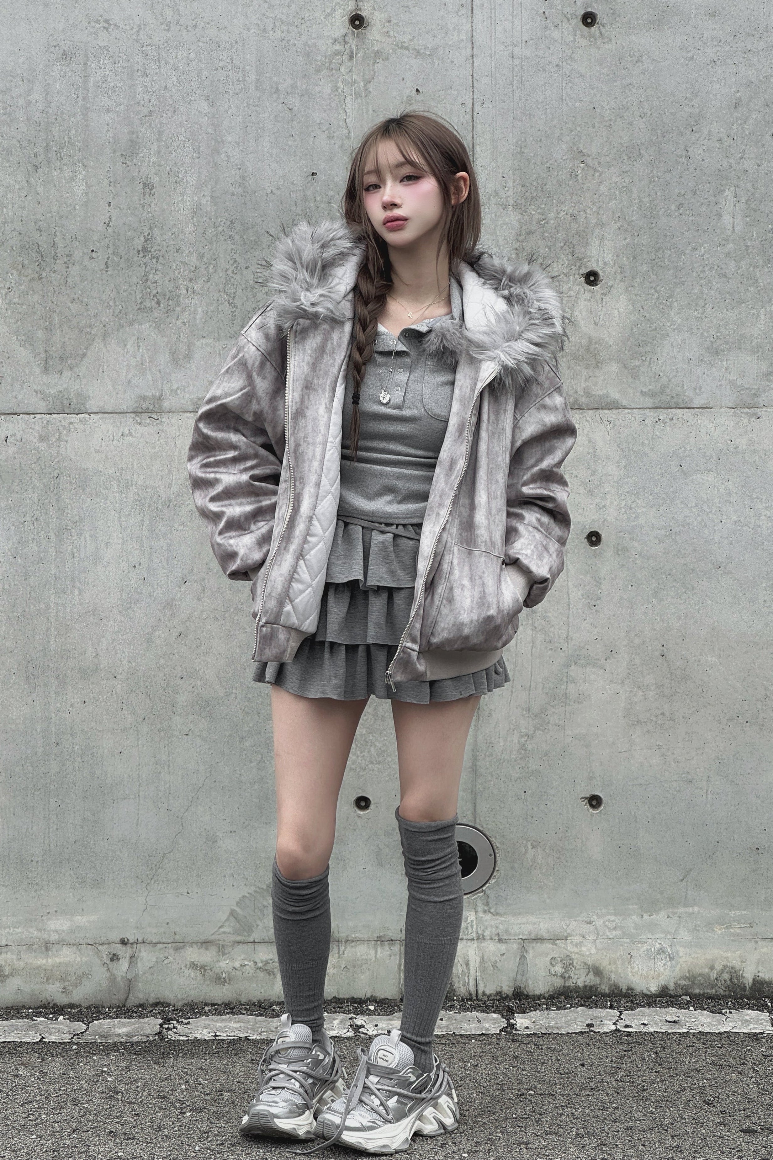 Wash Gray Fur Down Jacket KSG30051