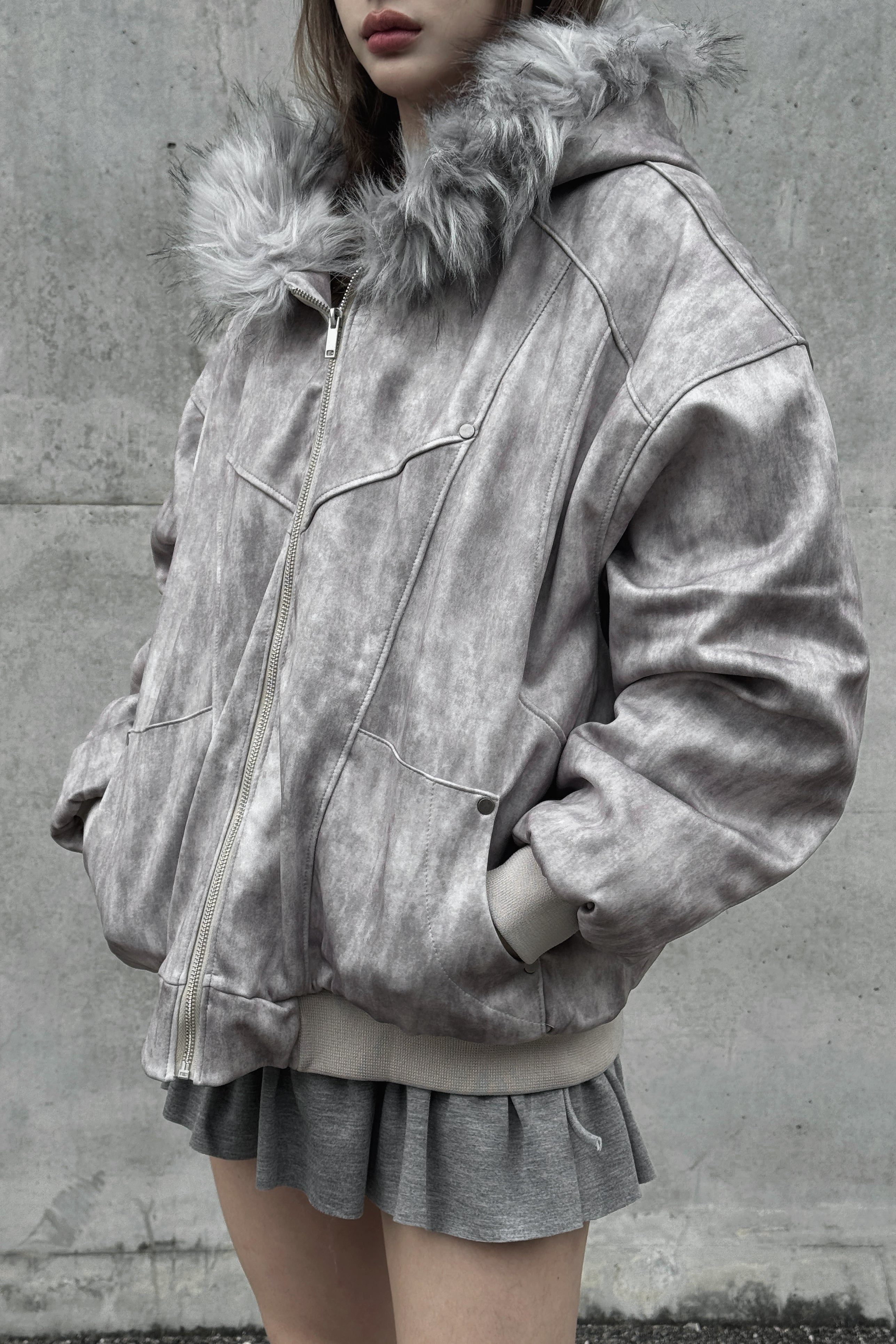 Wash Gray Fur Down Jacket KSG30051