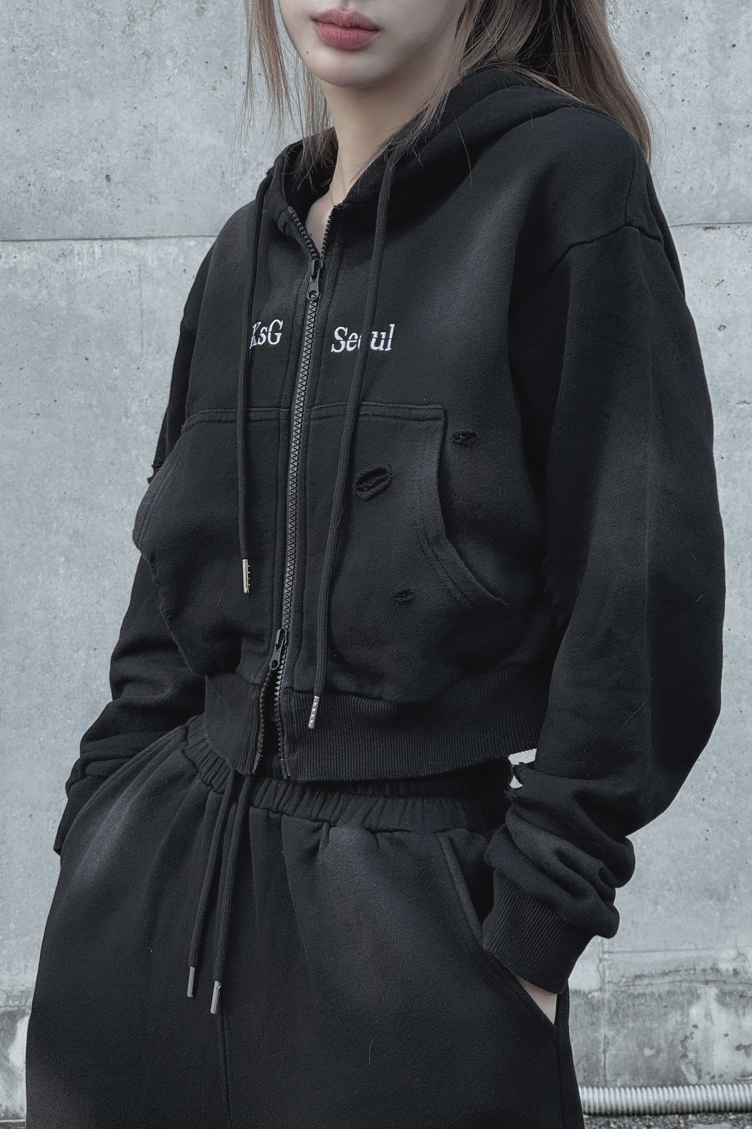 クロップドダブルジップダメージセットアップ KSG30046