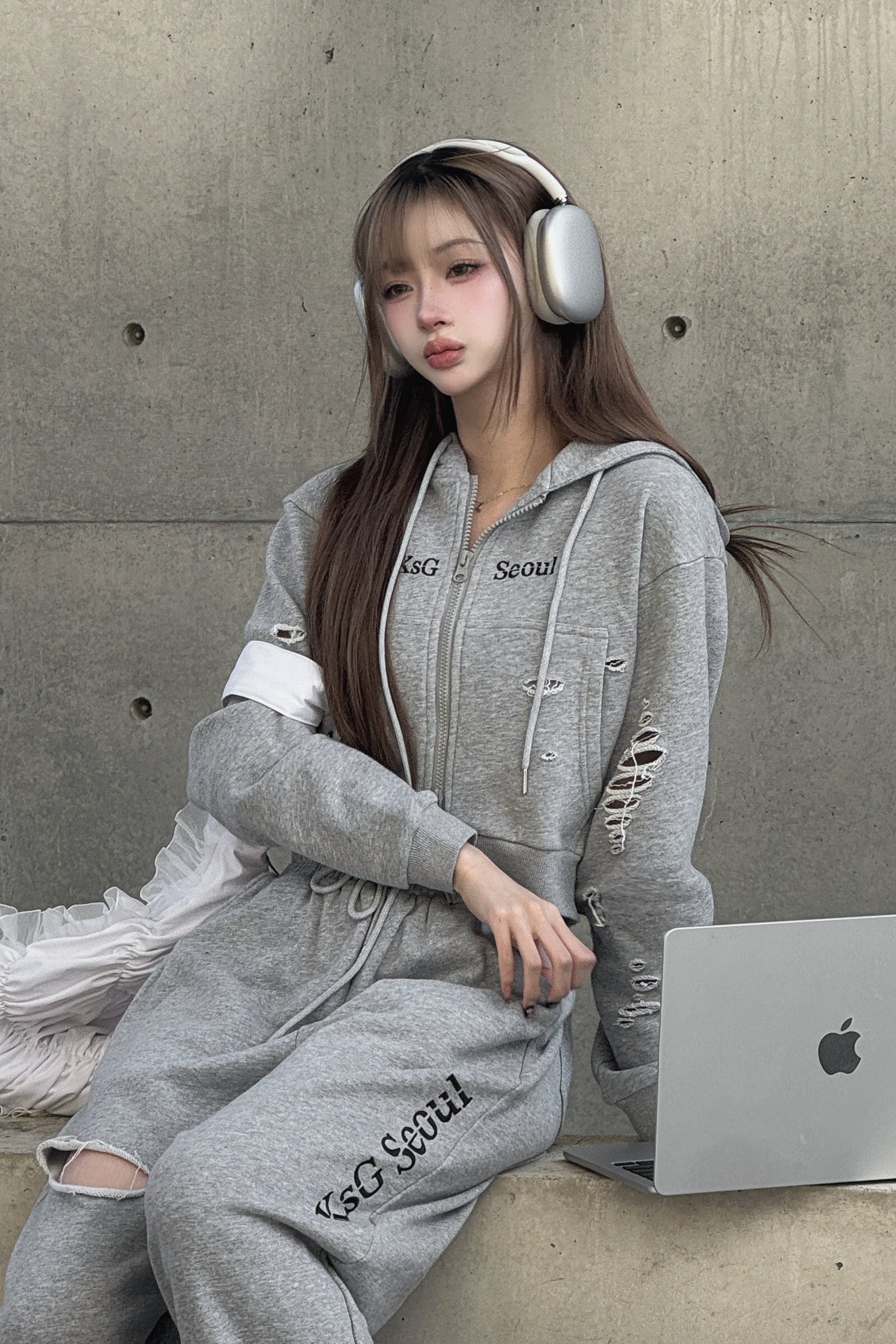 クロップドダブルジップダメージセットアップ KSG30046