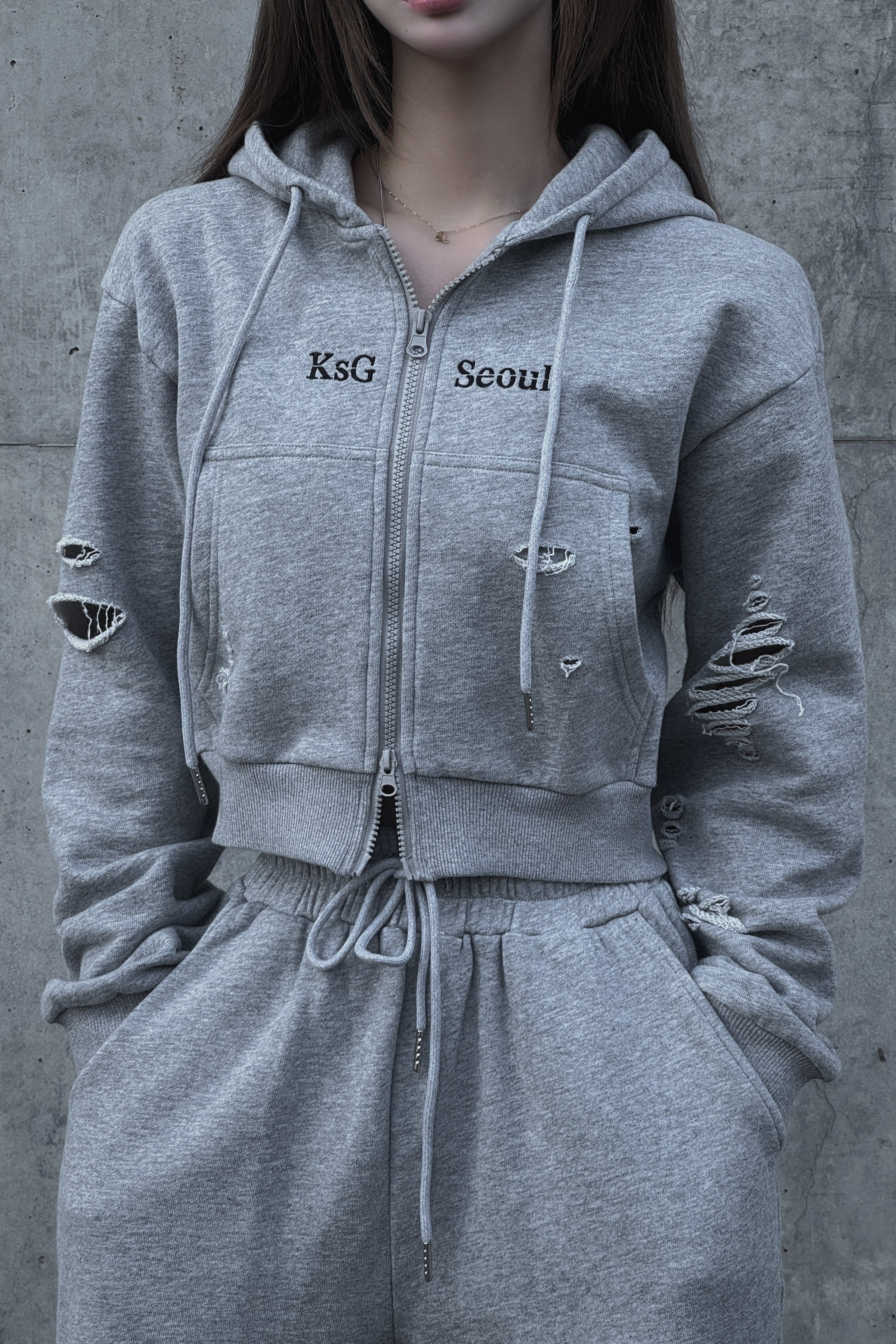 クロップドダブルジップダメージセットアップ KSG30046