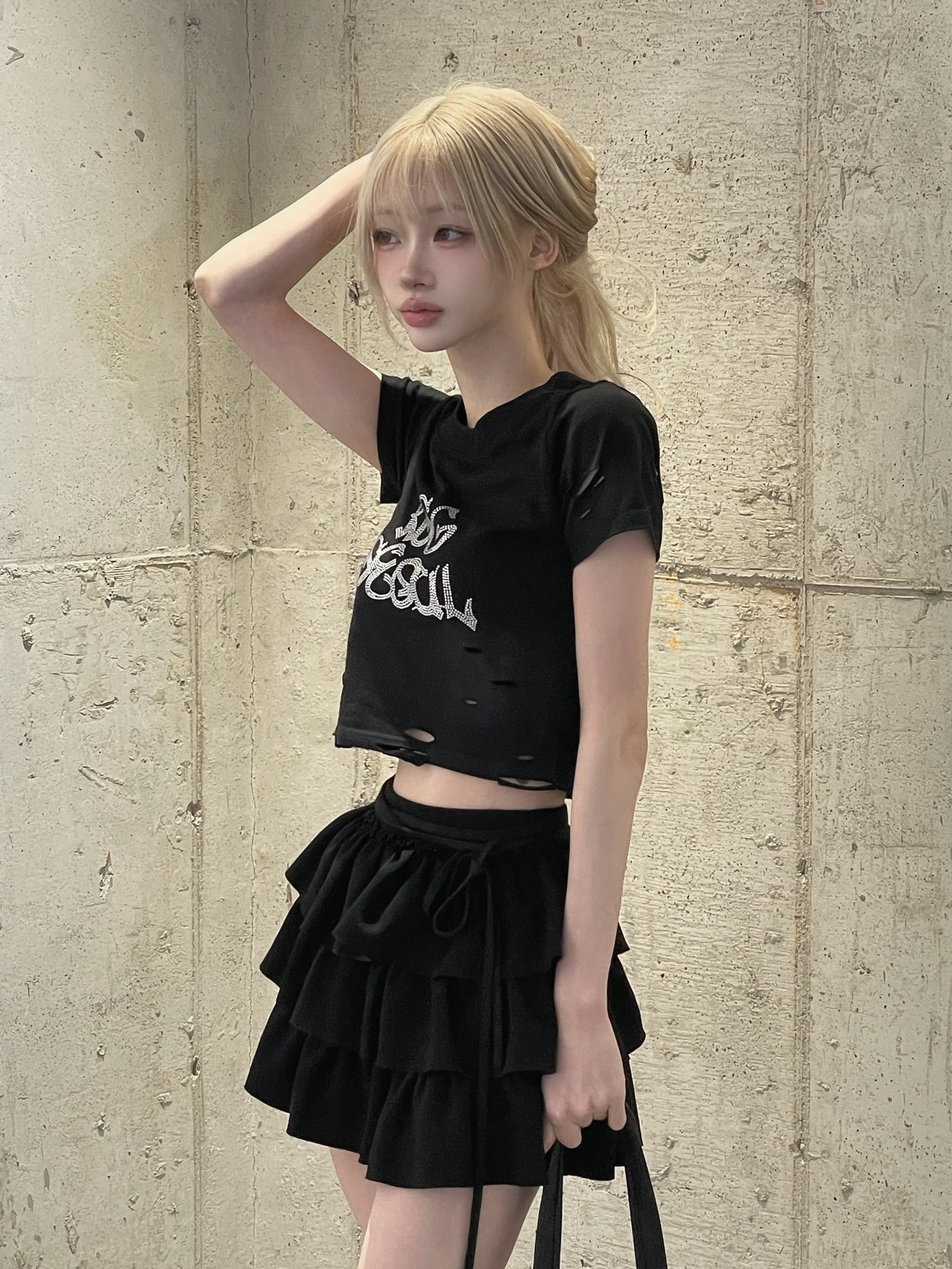 ダメージラインストーンクロップドTシャツ KSG21147