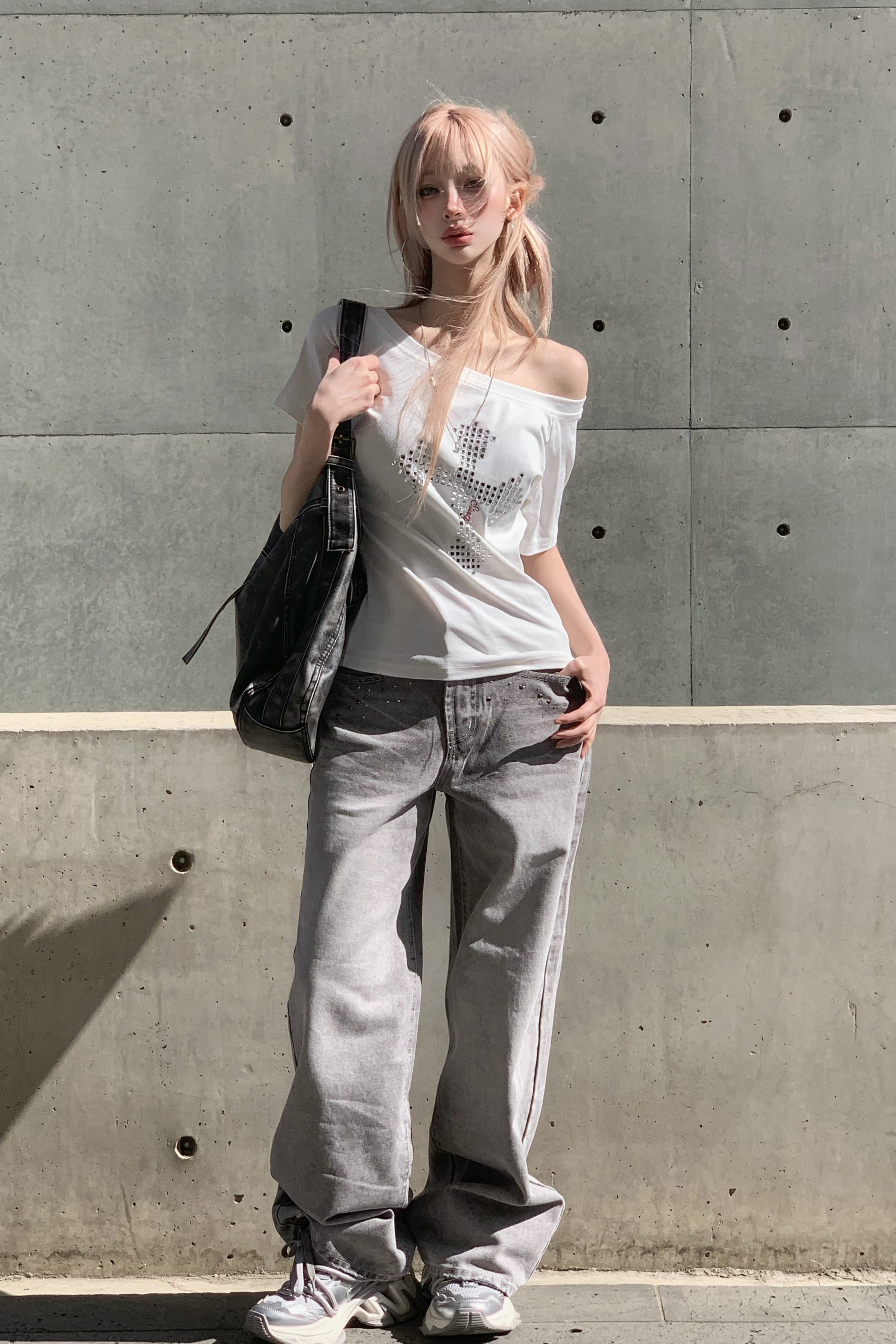 クロススタッズワンショルダーTシャツ KSG21229