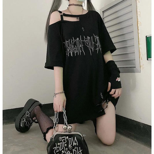 【スピード発送】ワンショルダーレタリングオーバーTシャツ KSG20409