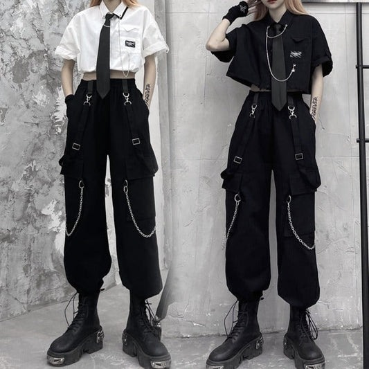 【スピード発送】ネクタイ付きクロップドシャツ+ジョガーパンツ KSG20434