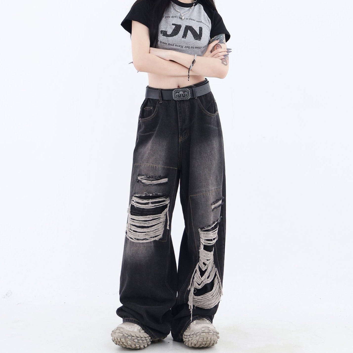 ダメージバギーデニムパンツ KSG17601