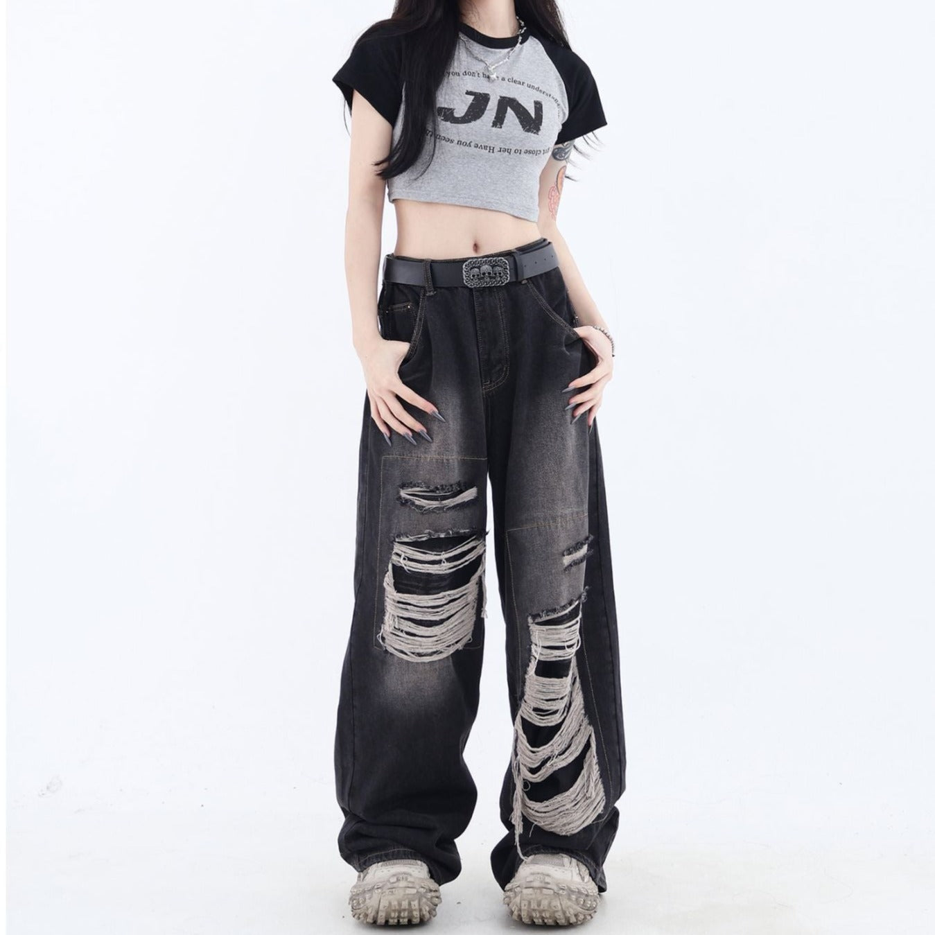 ダメージバギーデニムパンツ KSG17601 | 韓国ストリートファッション ...