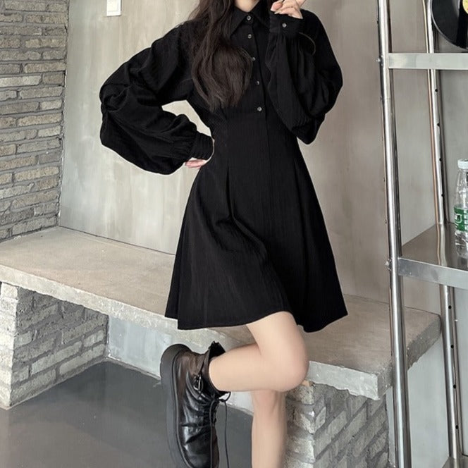 ブラックシャツミニワンピース KSG17148 | 韓国ストリートファッション 