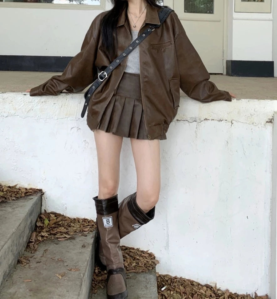 レザージャケット+プリーツスカートセットアップ KSG18762