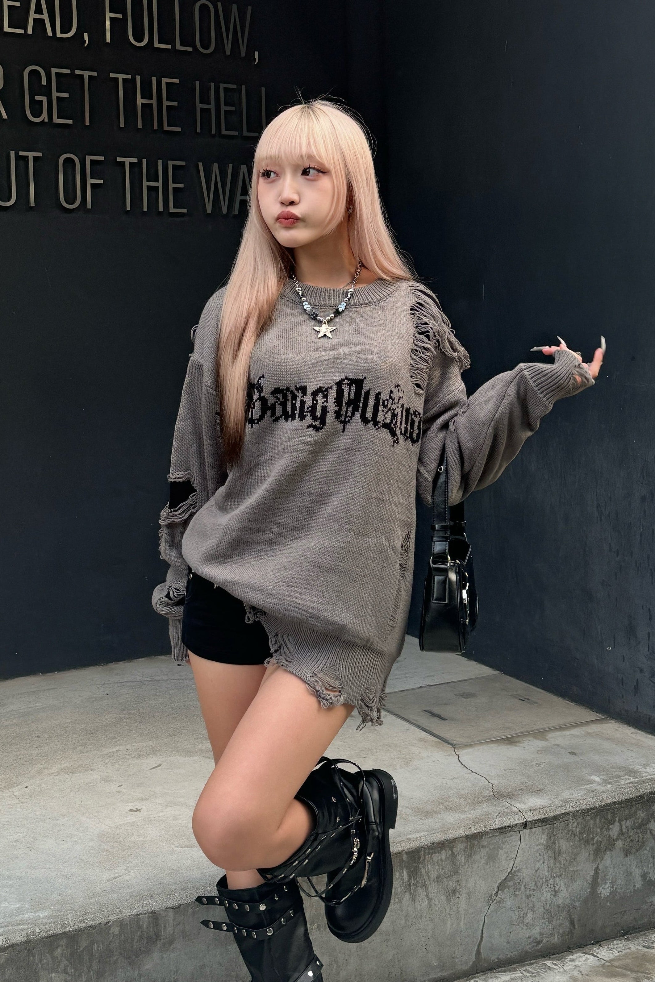 ダメージクラッシュレタリングニット KSG21131