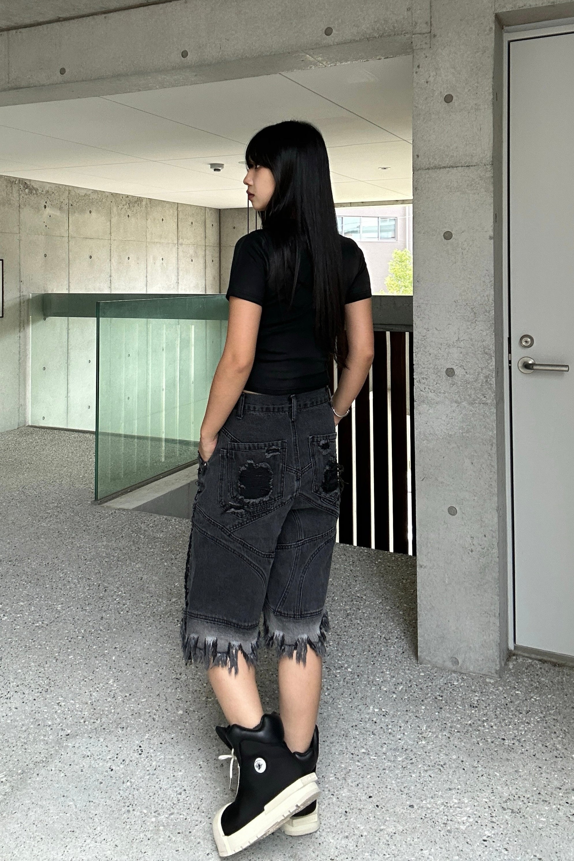 fringe damage denim half pants KSG19310