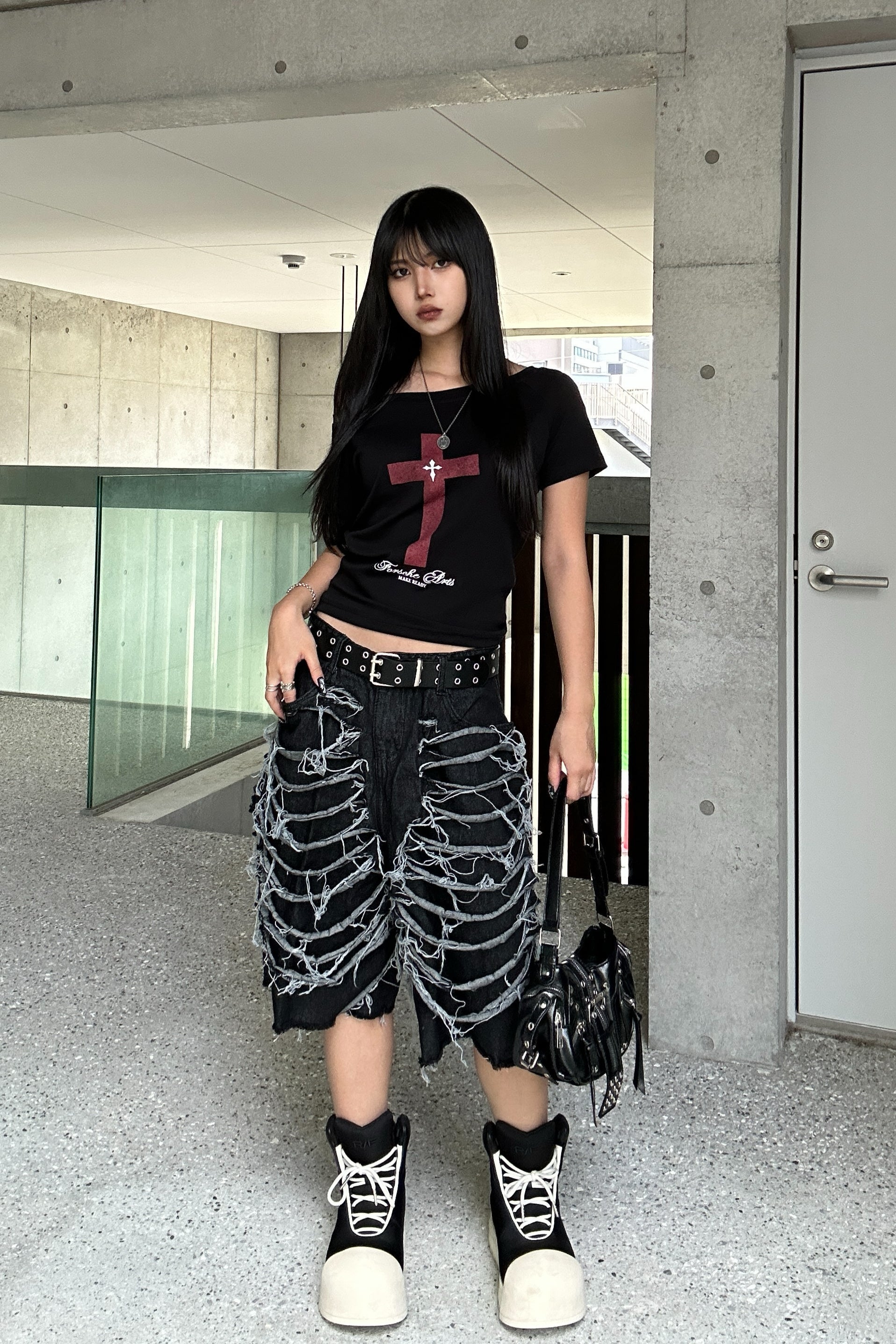 fringe damage denim half pants KSG19310