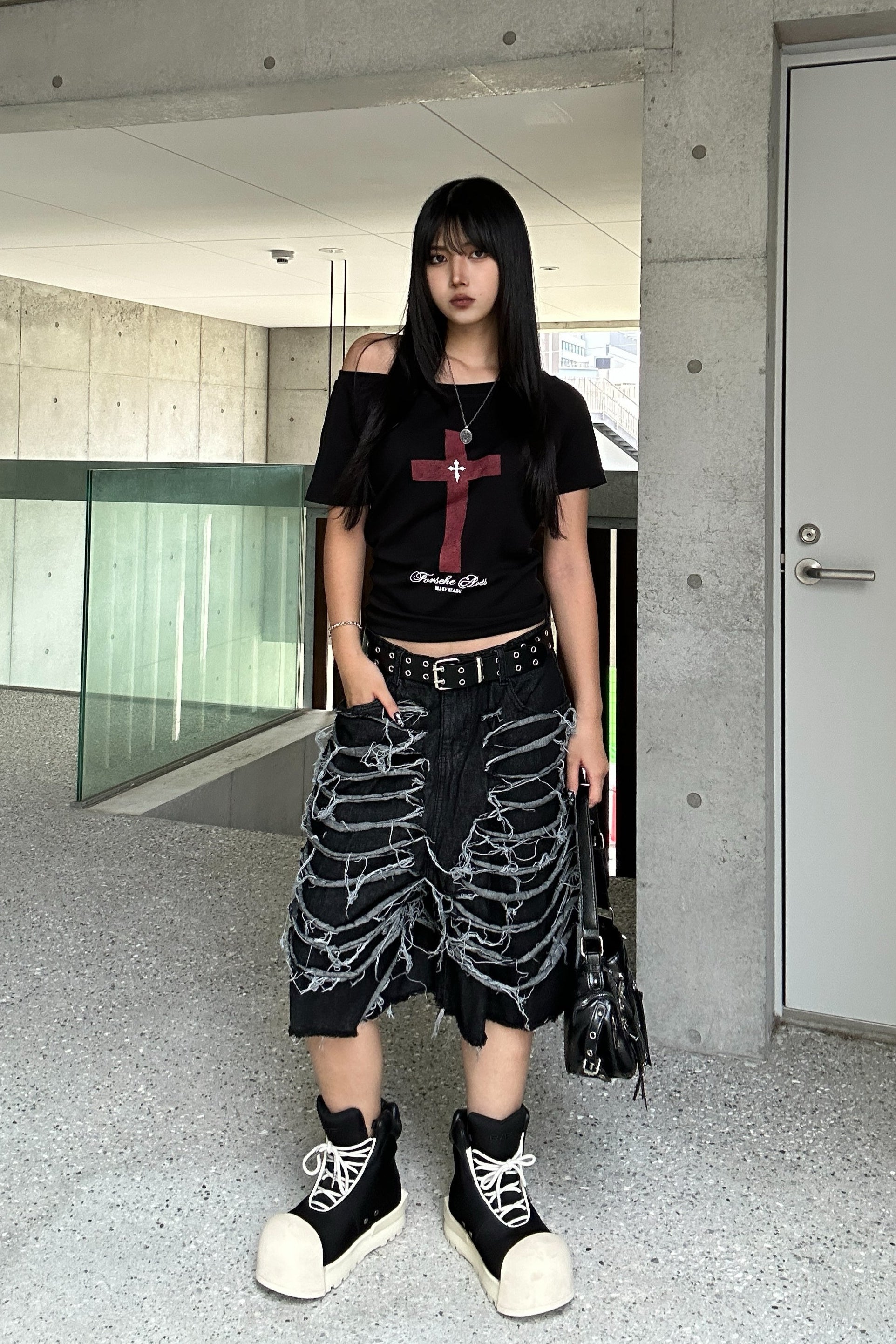fringe damage denim half pants KSG19310