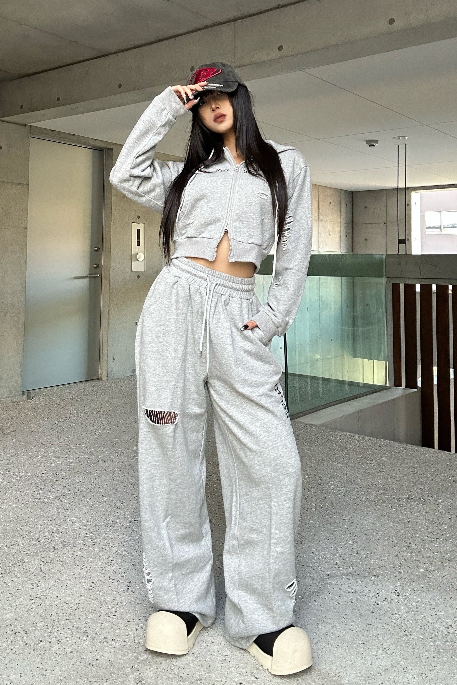 クロップドダブルジップダメージセットアップ KSG30046