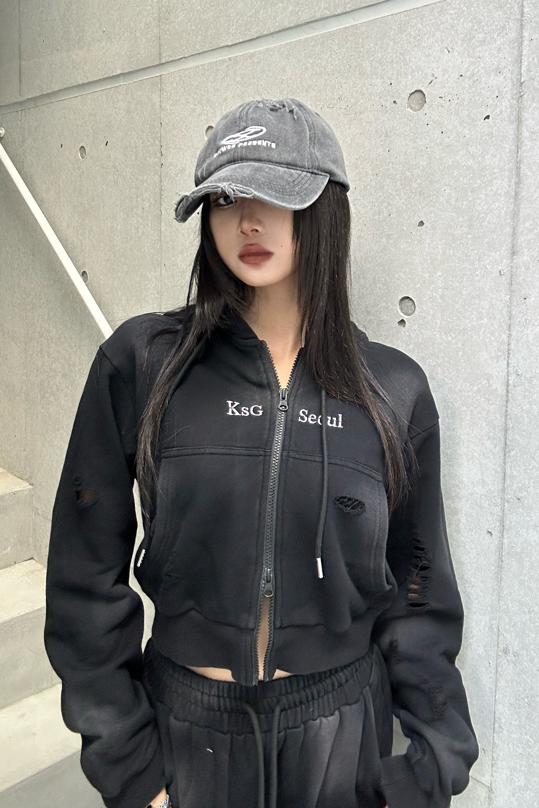 クロップドダブルジップダメージセットアップ KSG30046