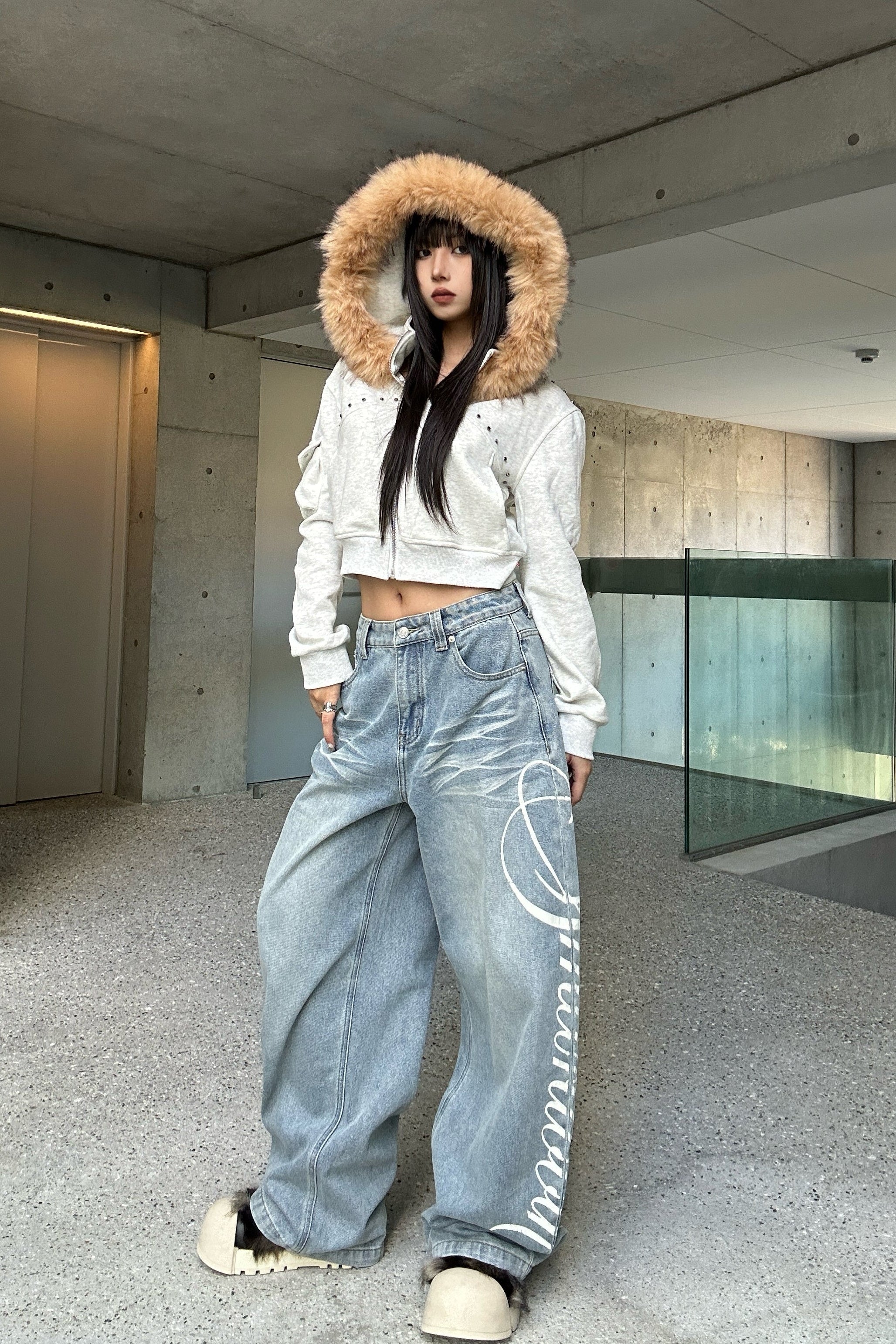 ラウンドスタッズクロップドファーパーカー KSG21154