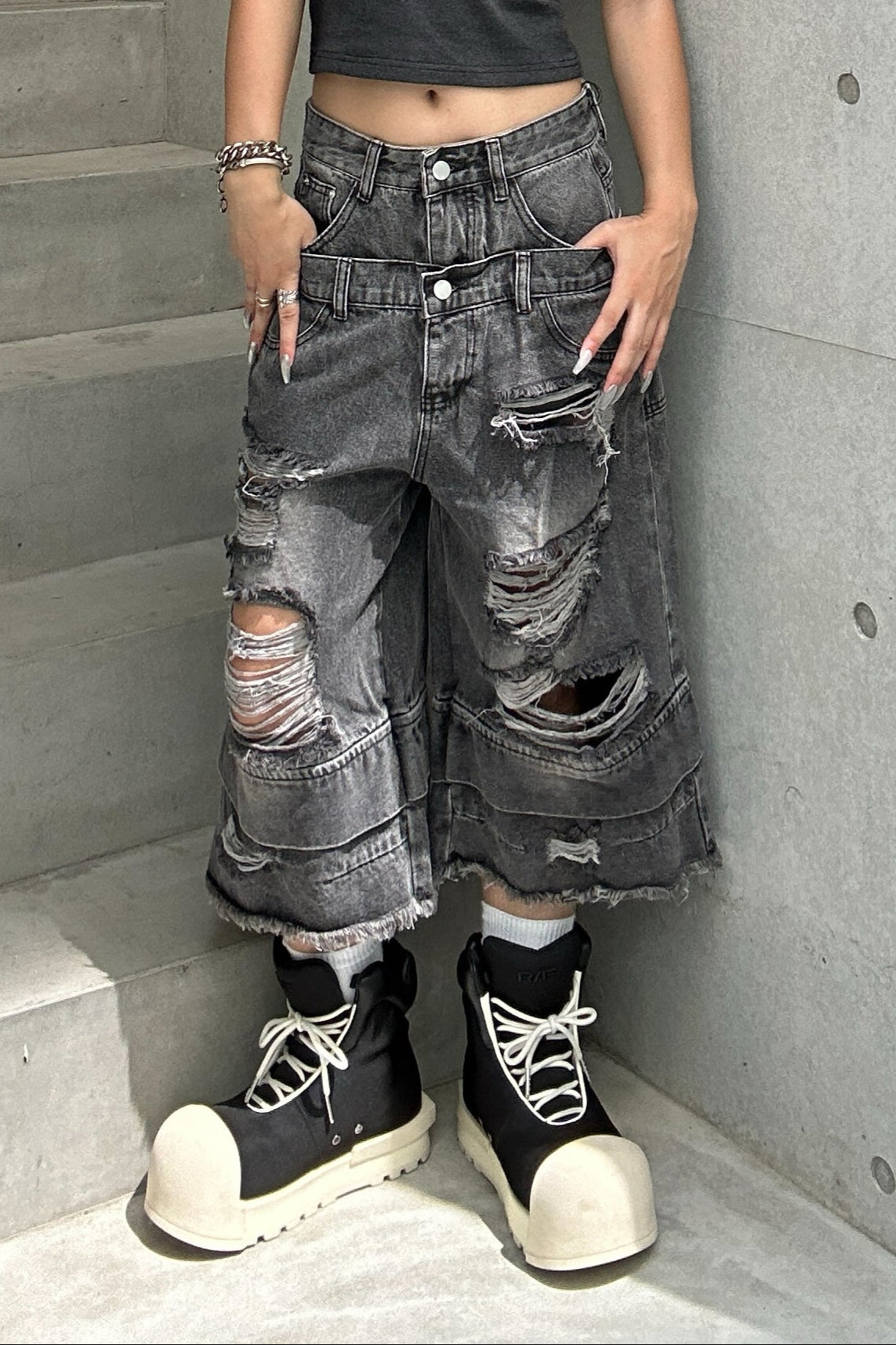 double waist damage half pants KSG19308
