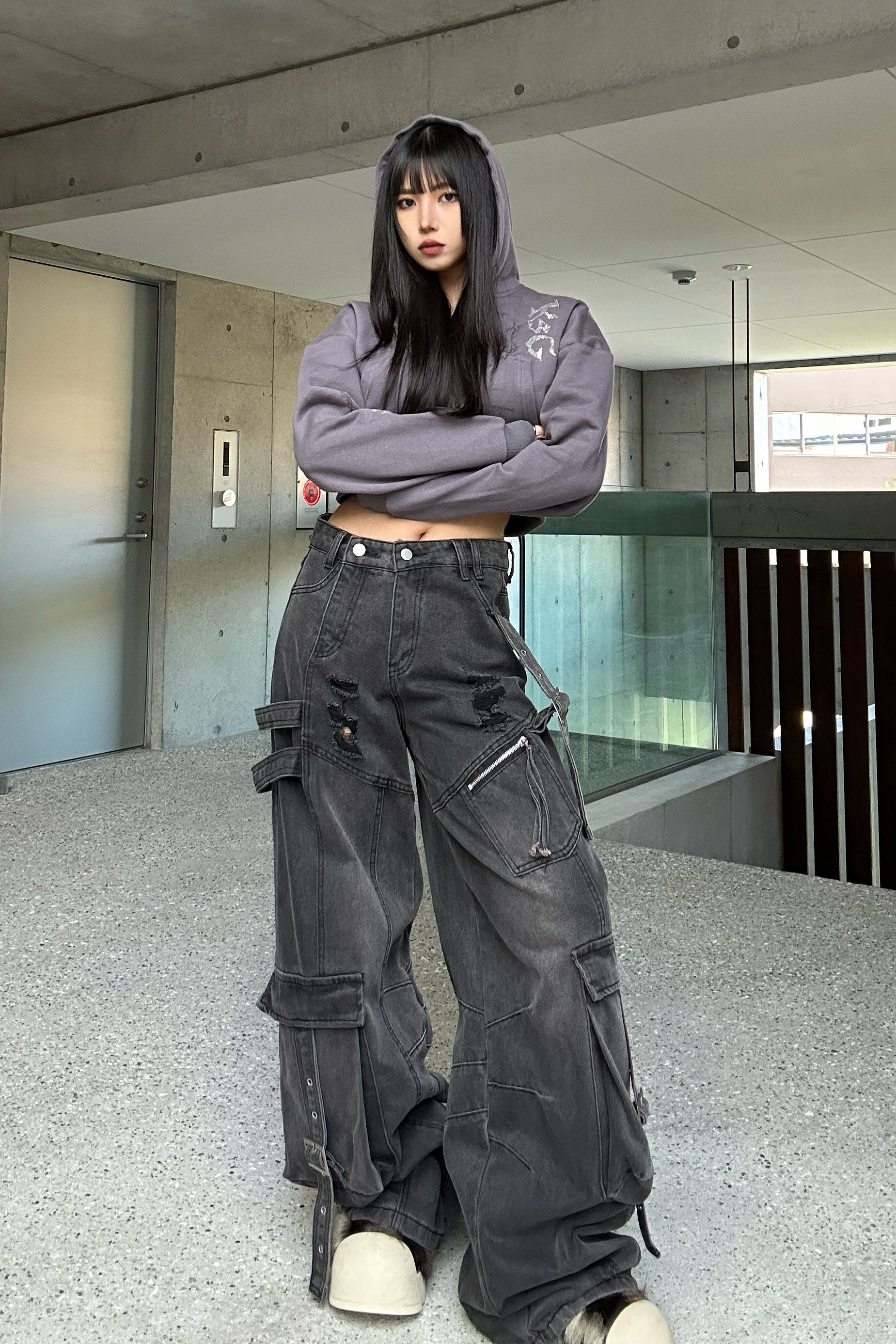 クロップドビジュープリントパーカー KSG20934