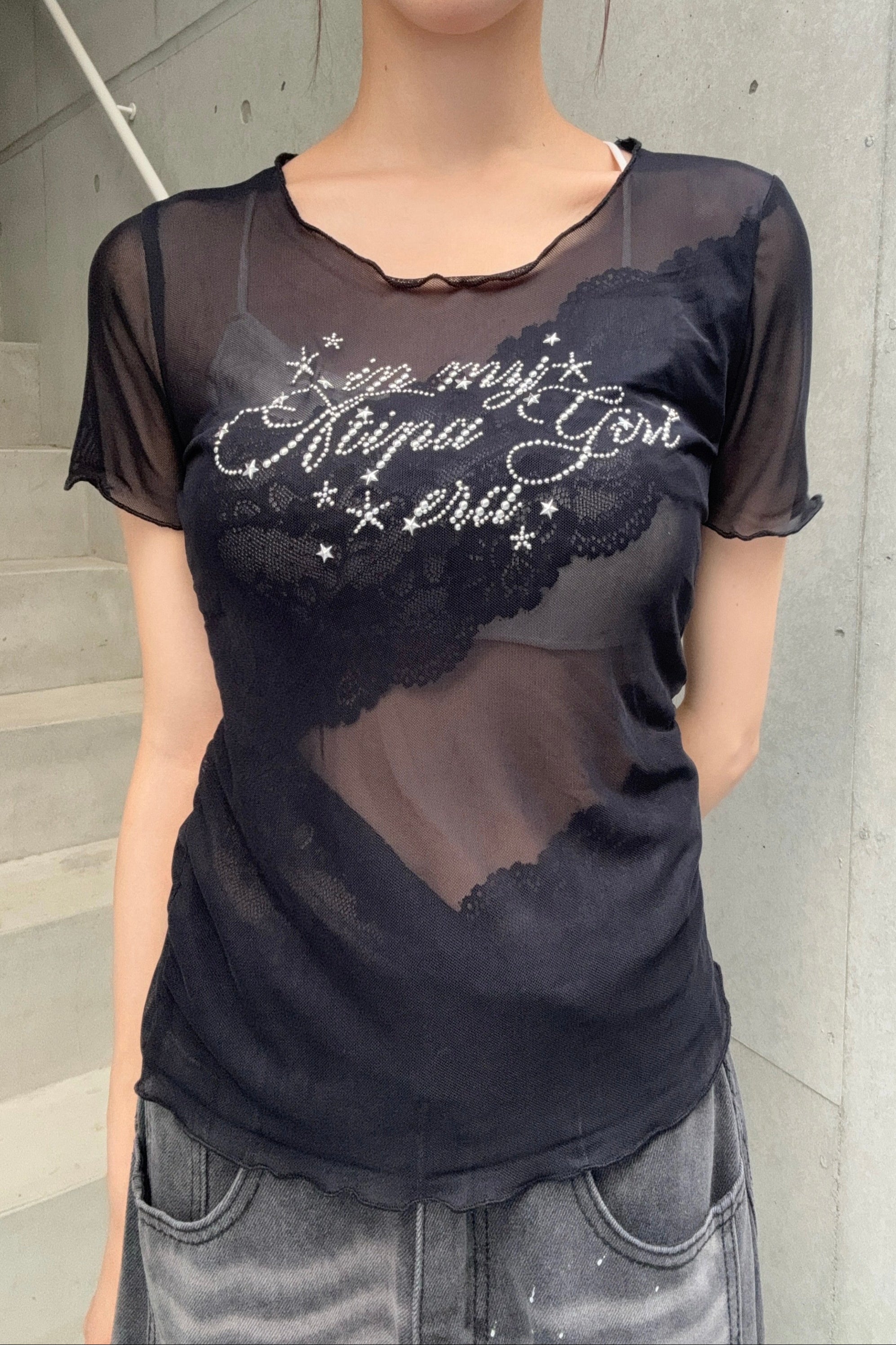 rhinestone lace sheer top KSG20911