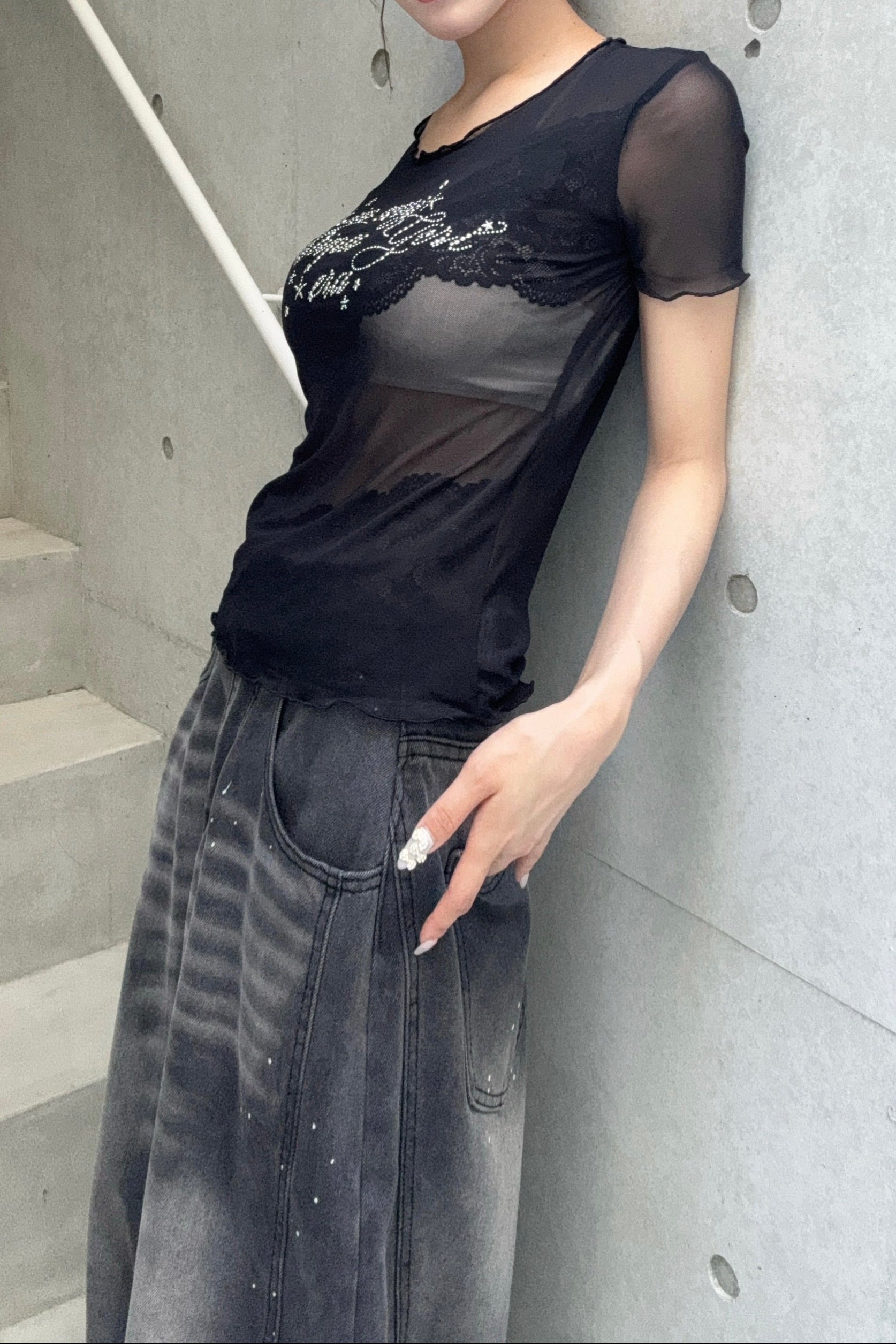 rhinestone lace sheer top KSG20911