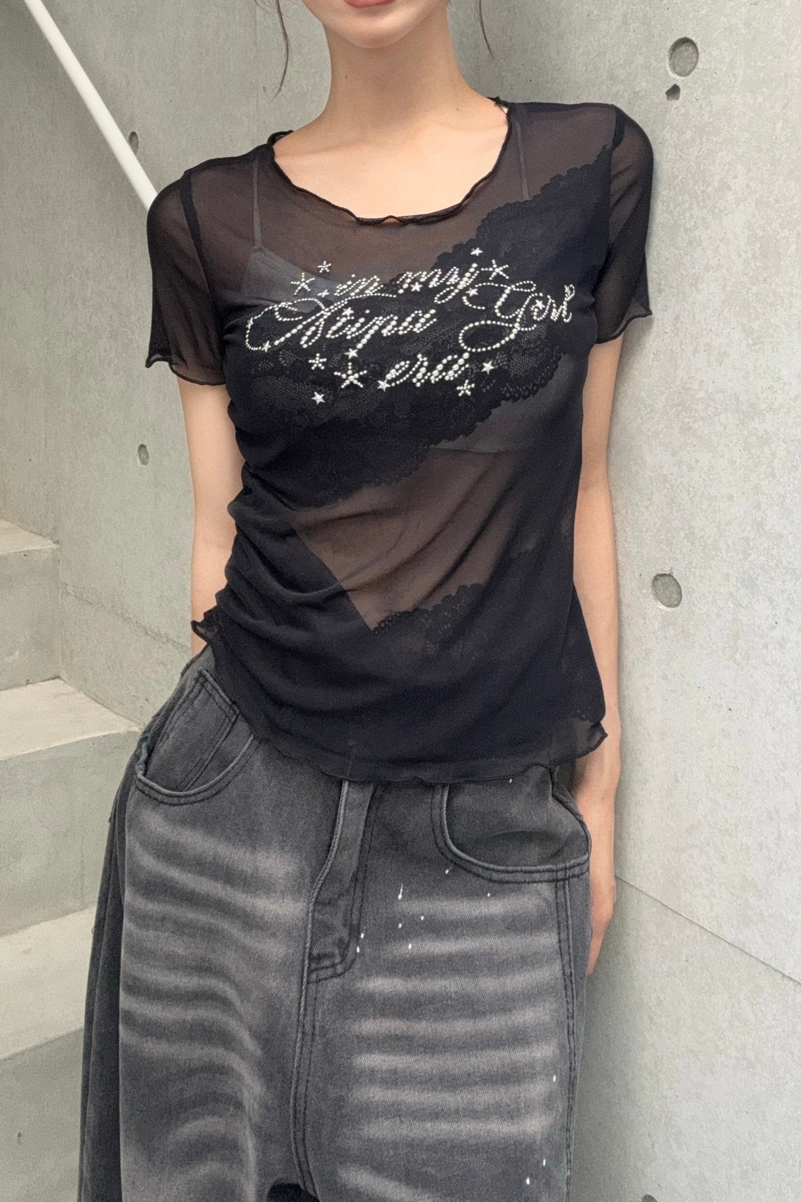 rhinestone lace sheer top KSG20911