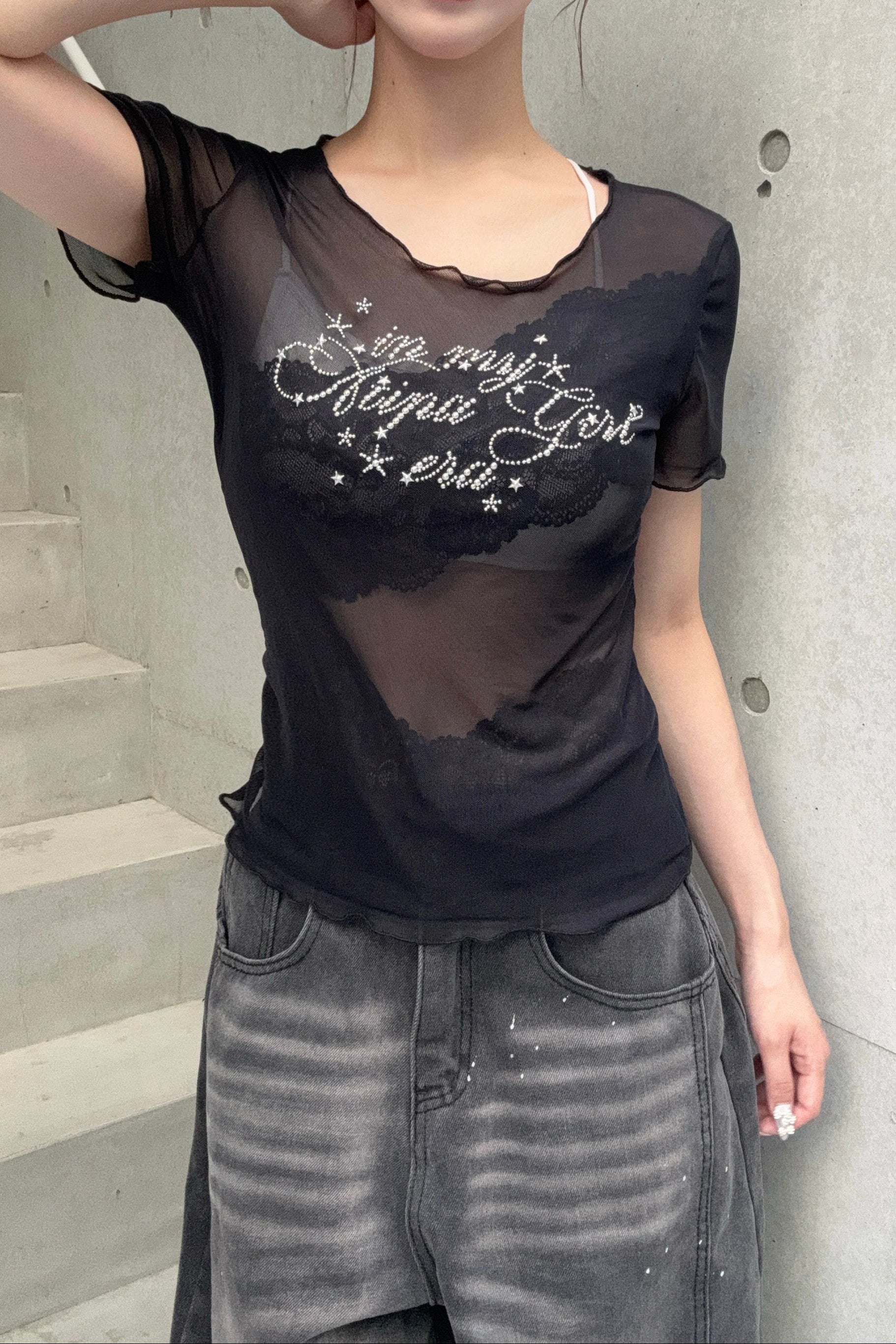 rhinestone lace sheer top KSG20911
