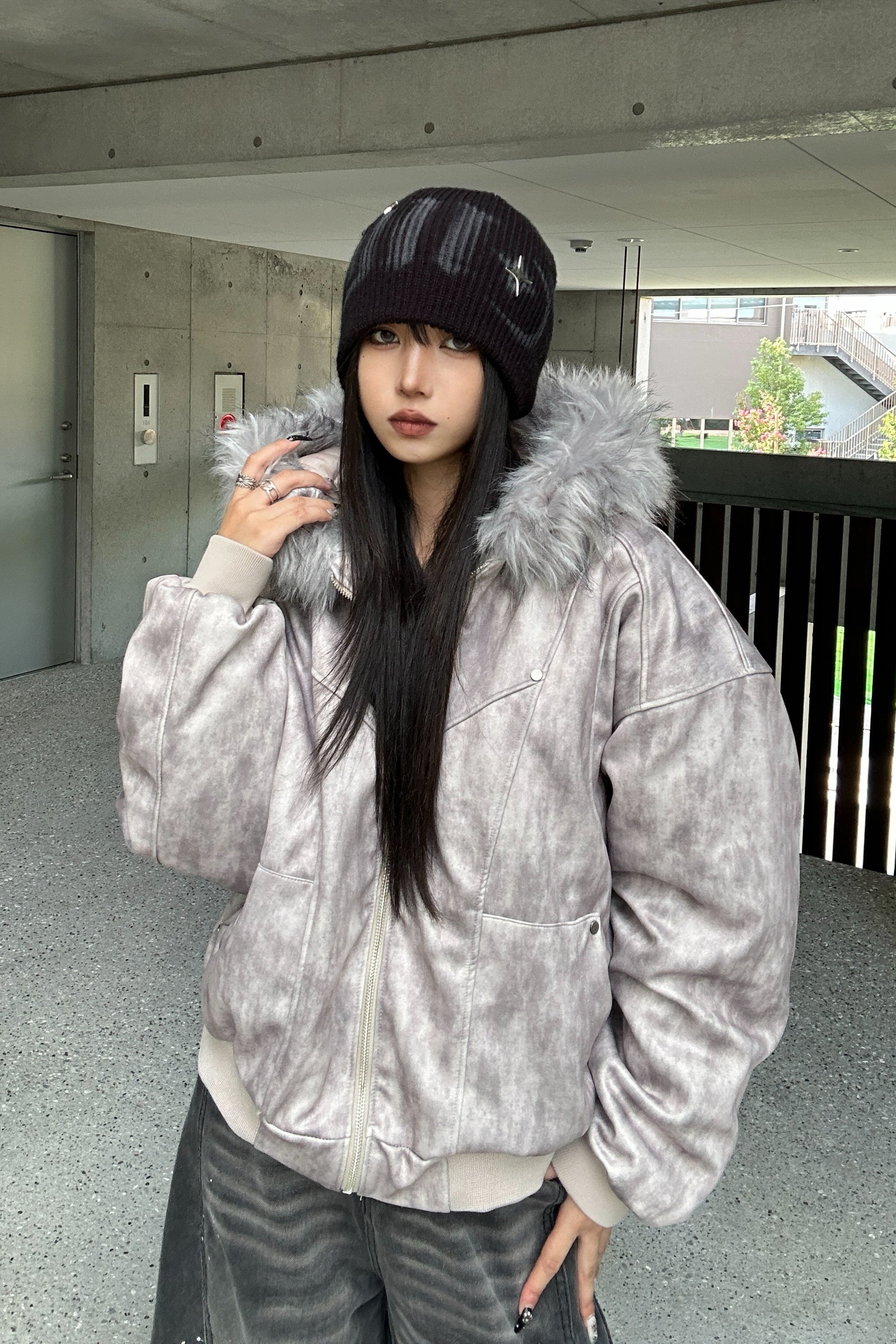 Wash Gray Fur Down Jacket KSG30051