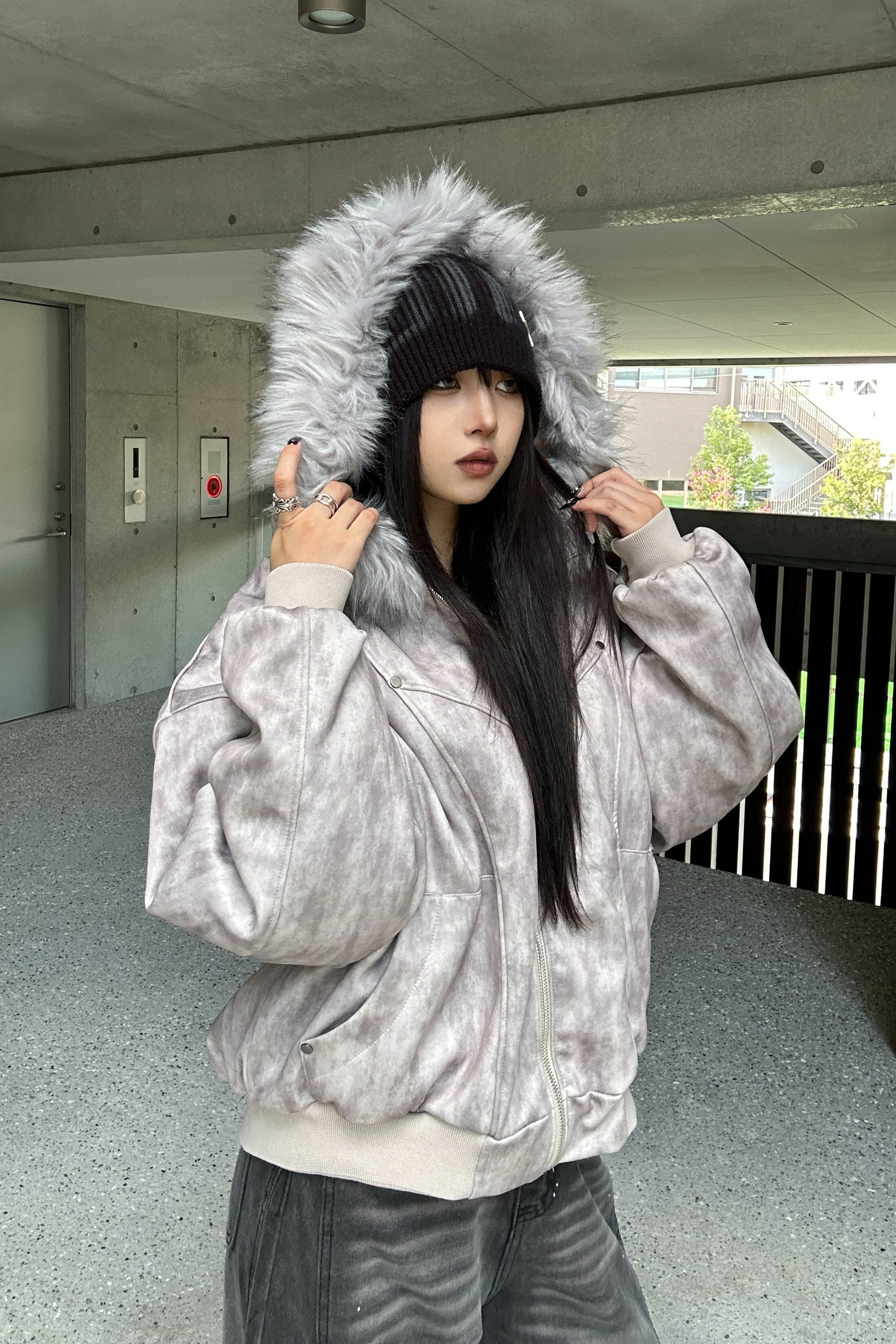 Wash Gray Fur Down Jacket KSG30051
