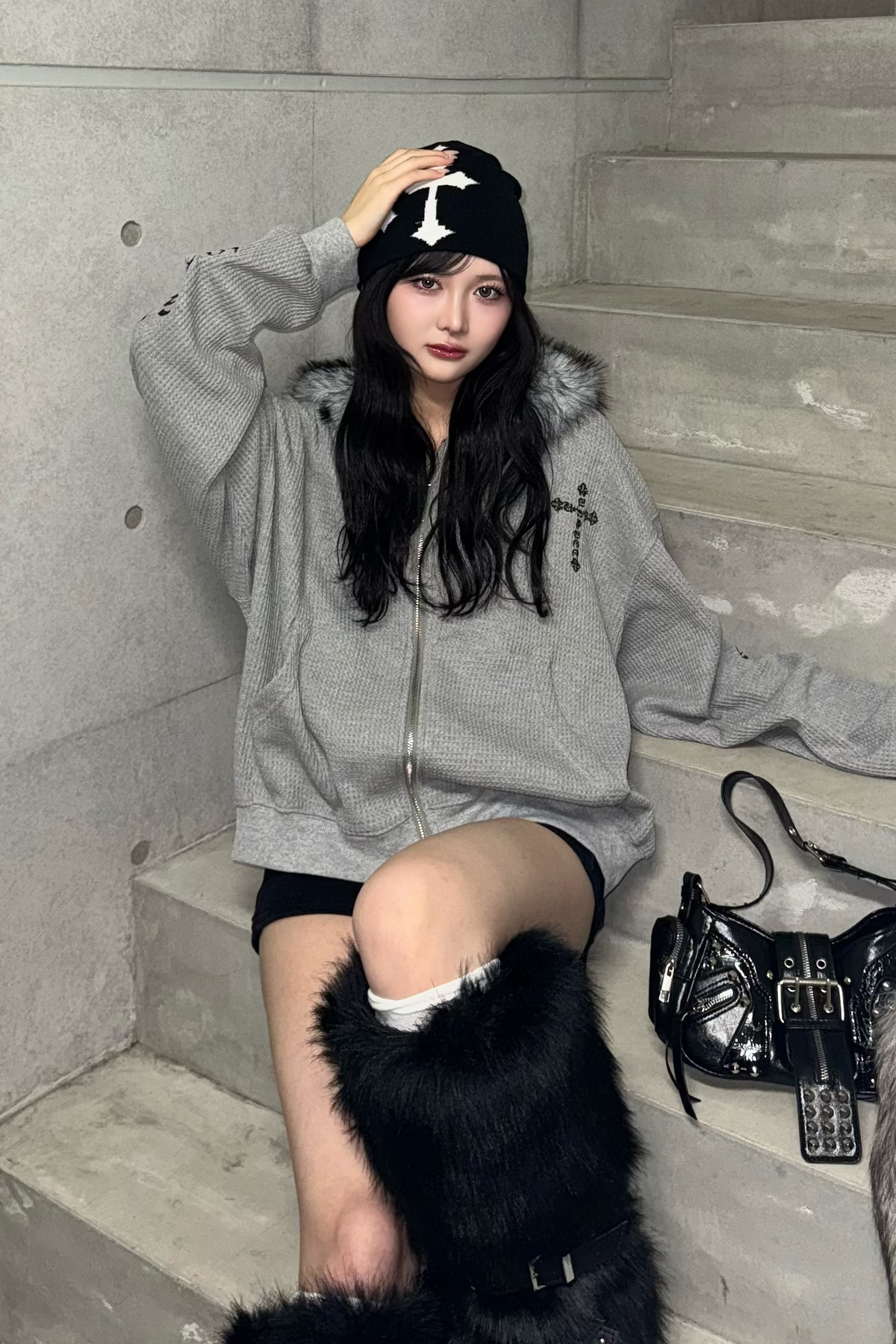 Ash fur waffle hoodie KsG30081