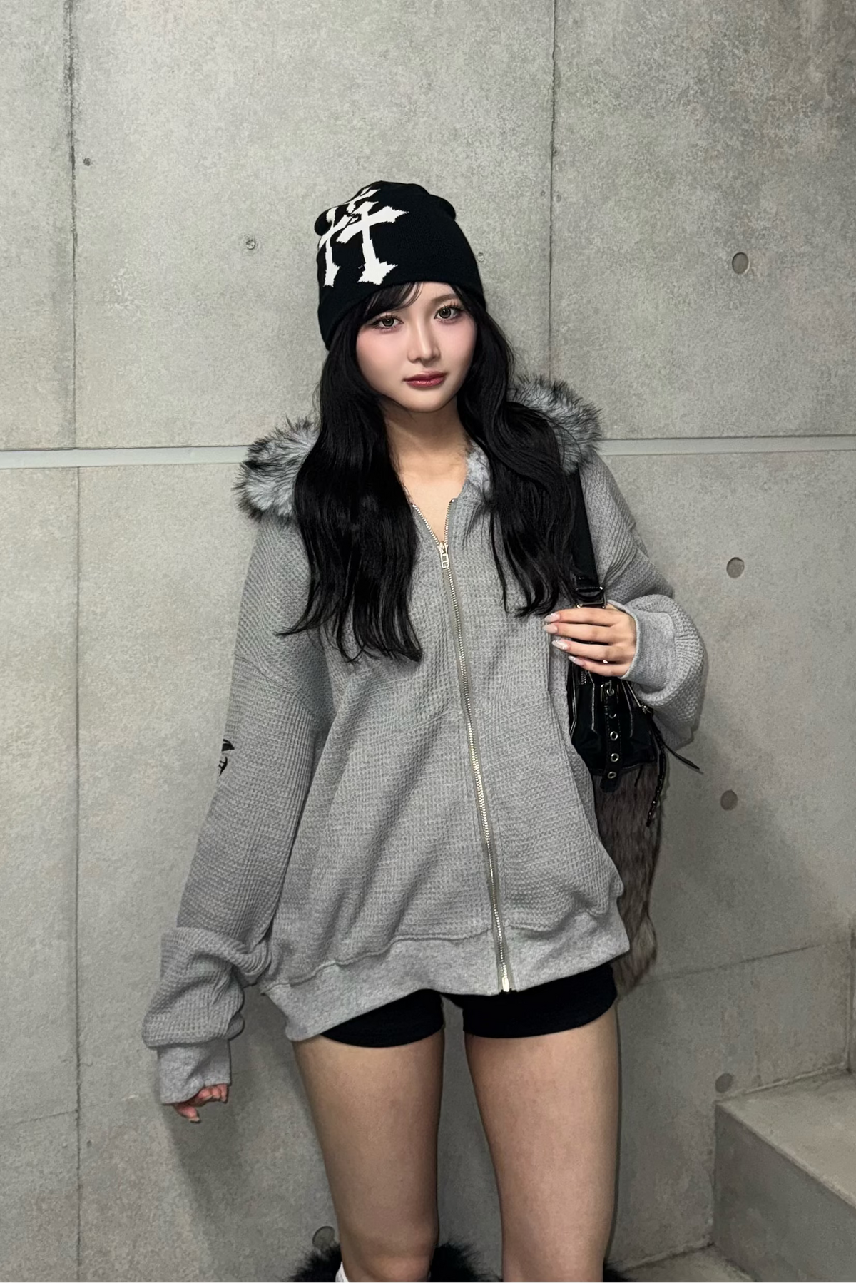 Ash fur waffle hoodie KsG30081