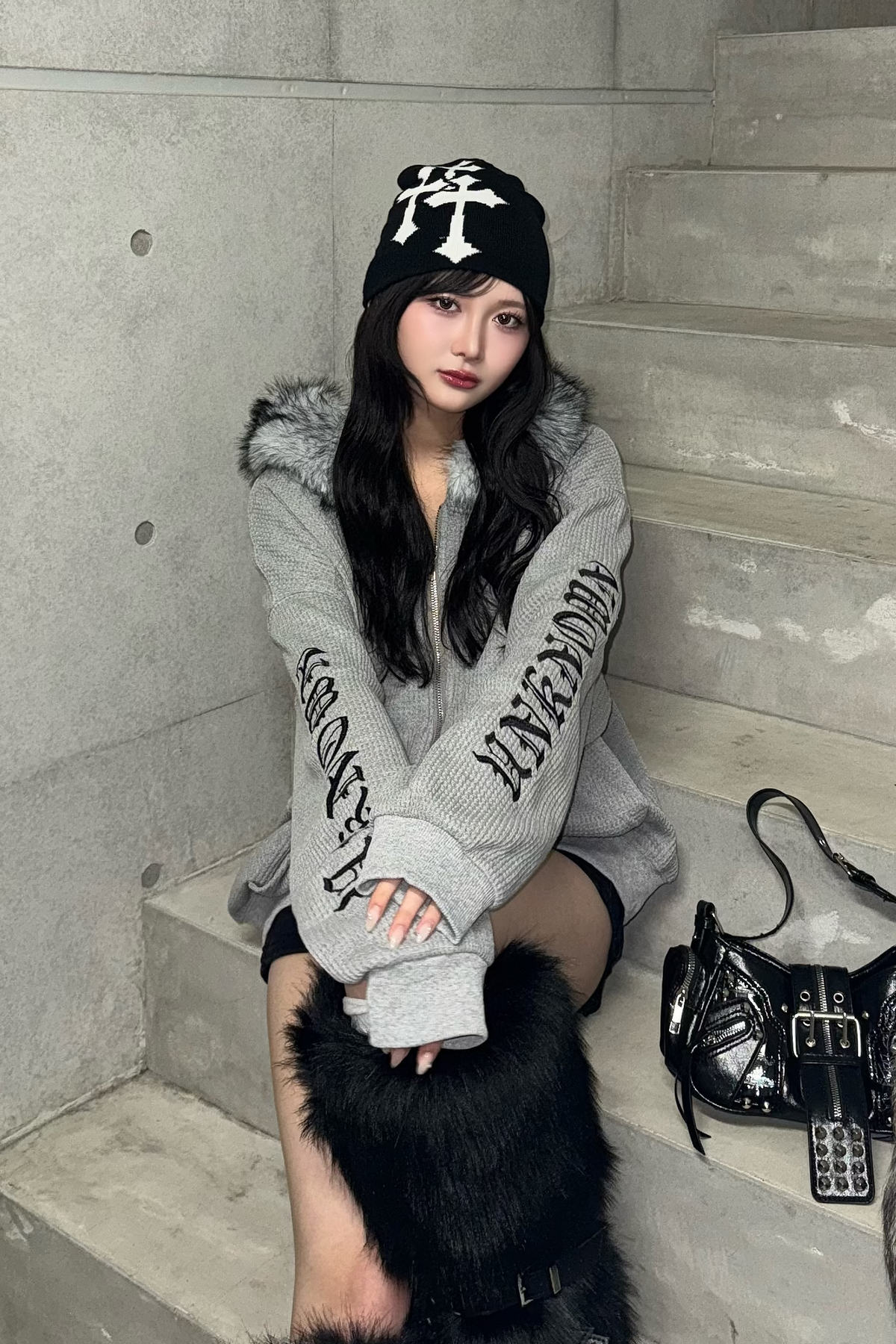 Ash fur waffle hoodie KsG30081