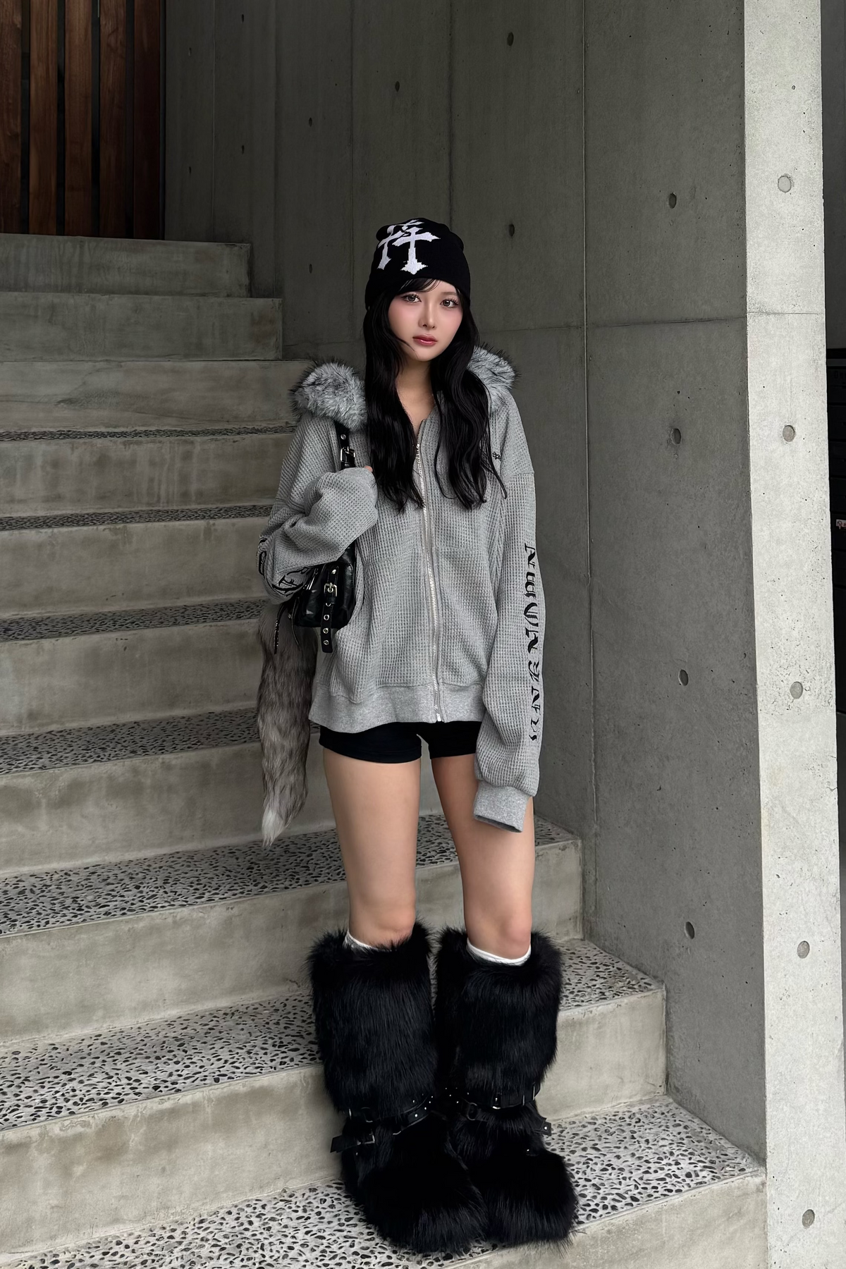 Ash fur waffle hoodie KsG30081